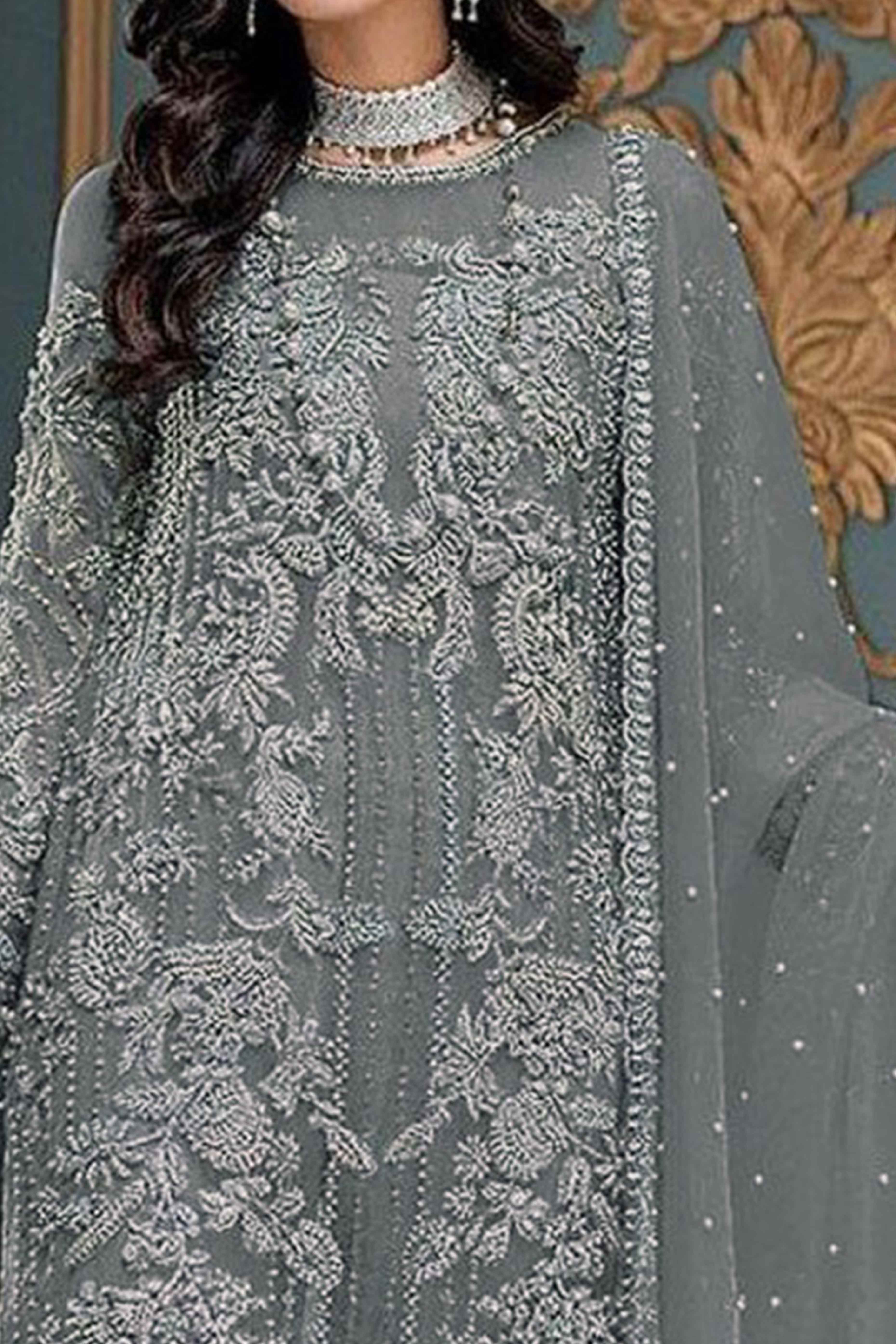 Grey Sequins Embroidered Work Net Dress Material