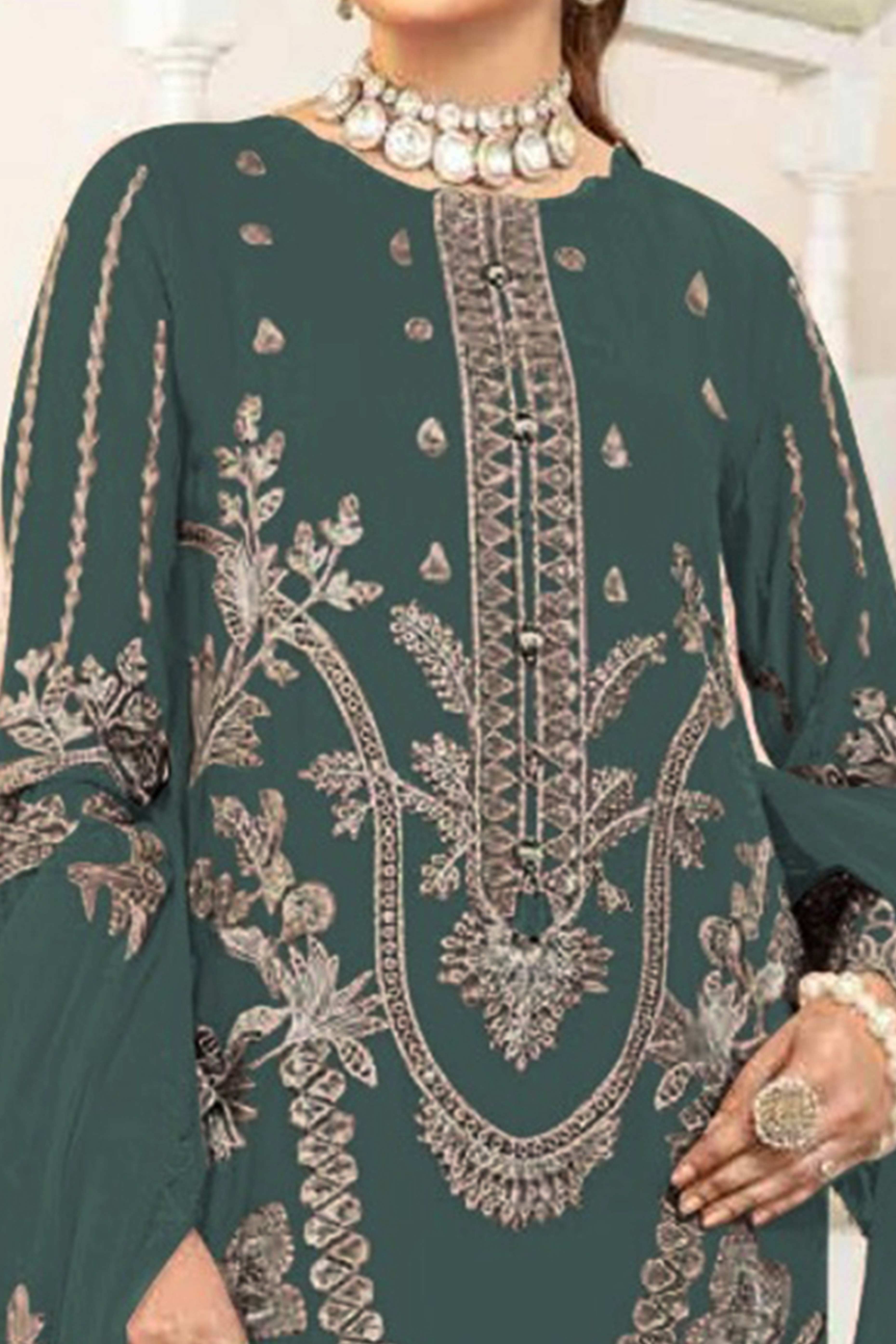 Dusty Green Floral Design Dress Material Crafted from Lightweight Georgette Fabric