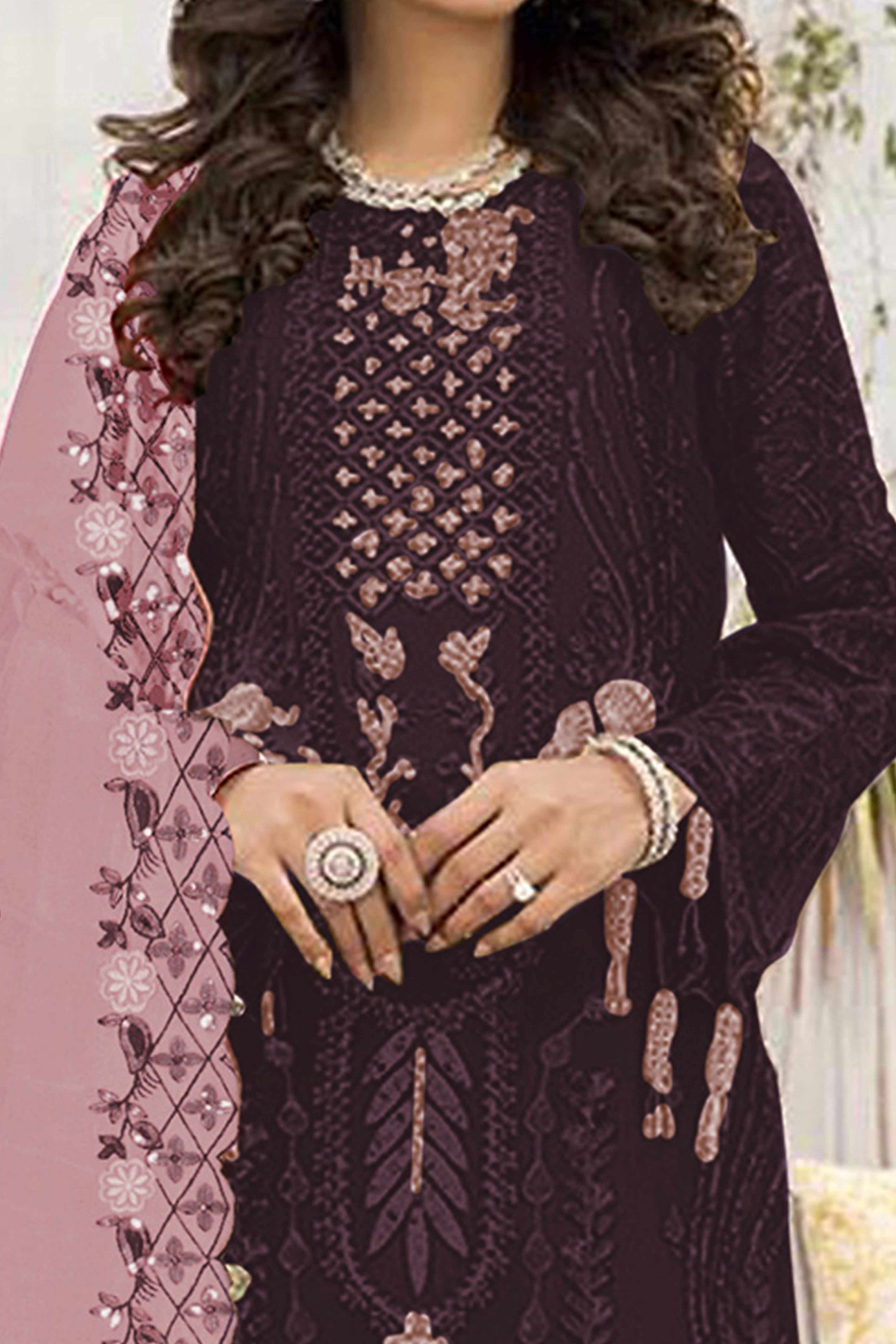 Wine Floral Design Dress Material Crafted from Lightweight Georgette Fabric