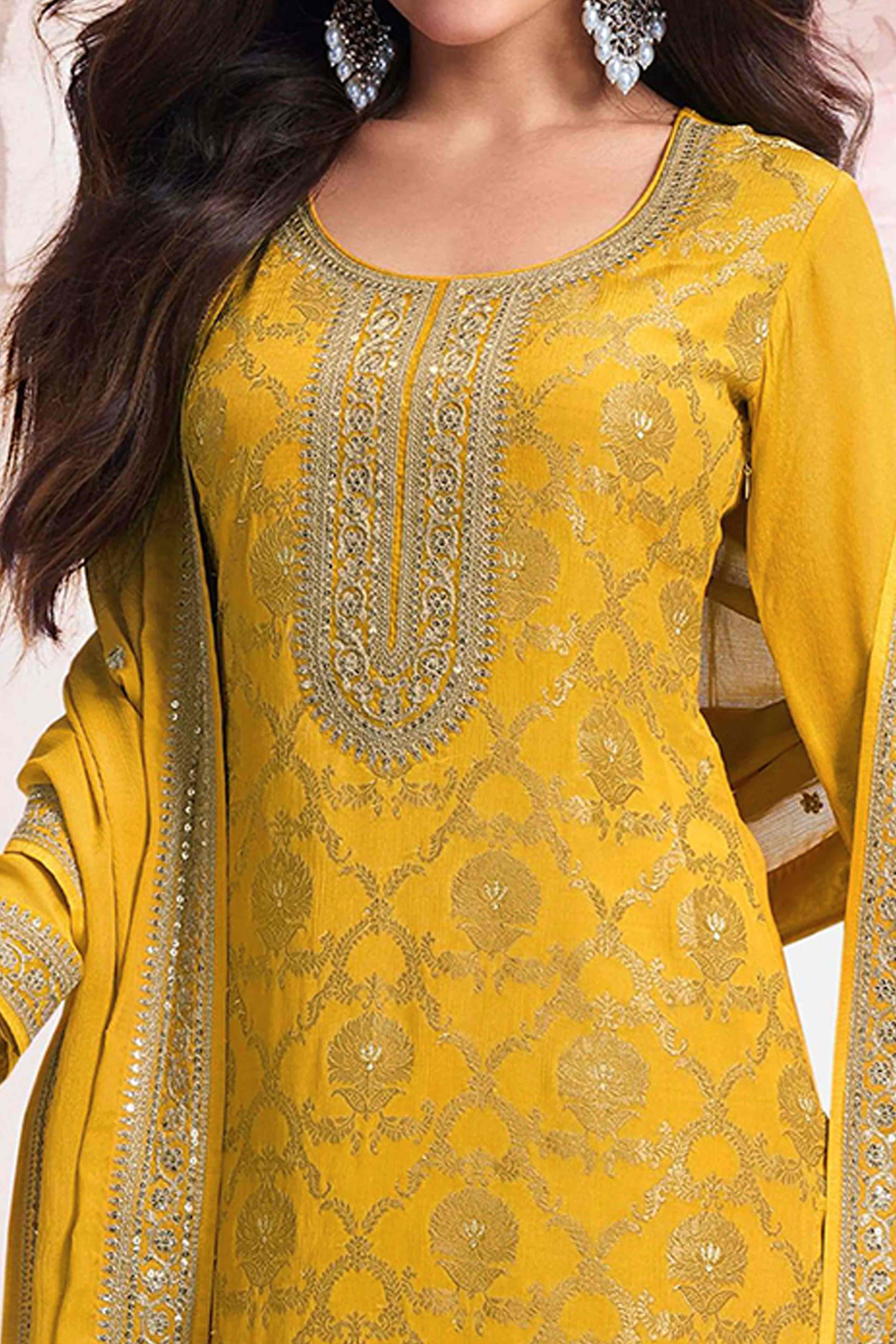 Mustard Weaving With Sequins Work Dola Silk Dress Material