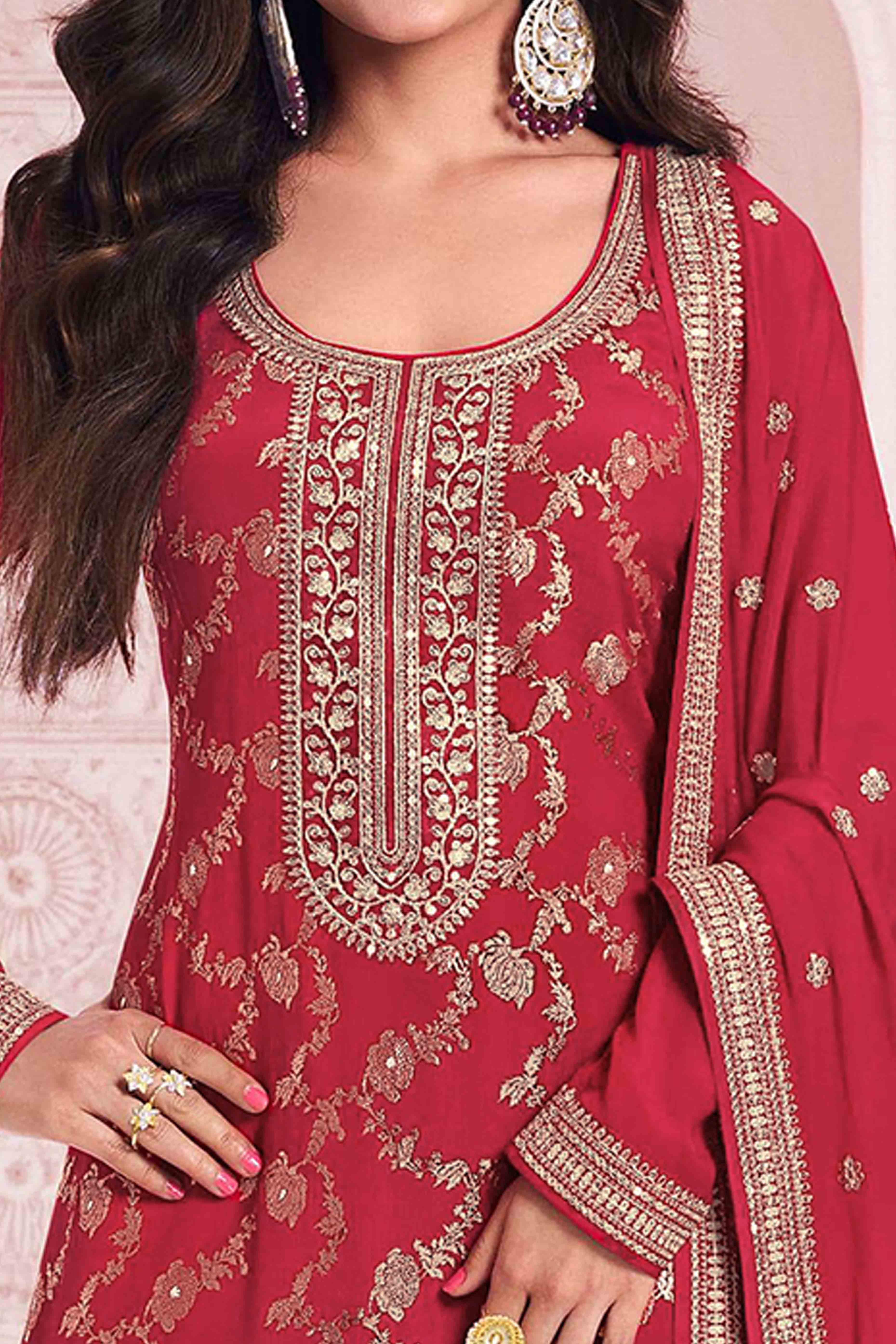 Red Weaving With Sequins Work Dola Silk Dress Material