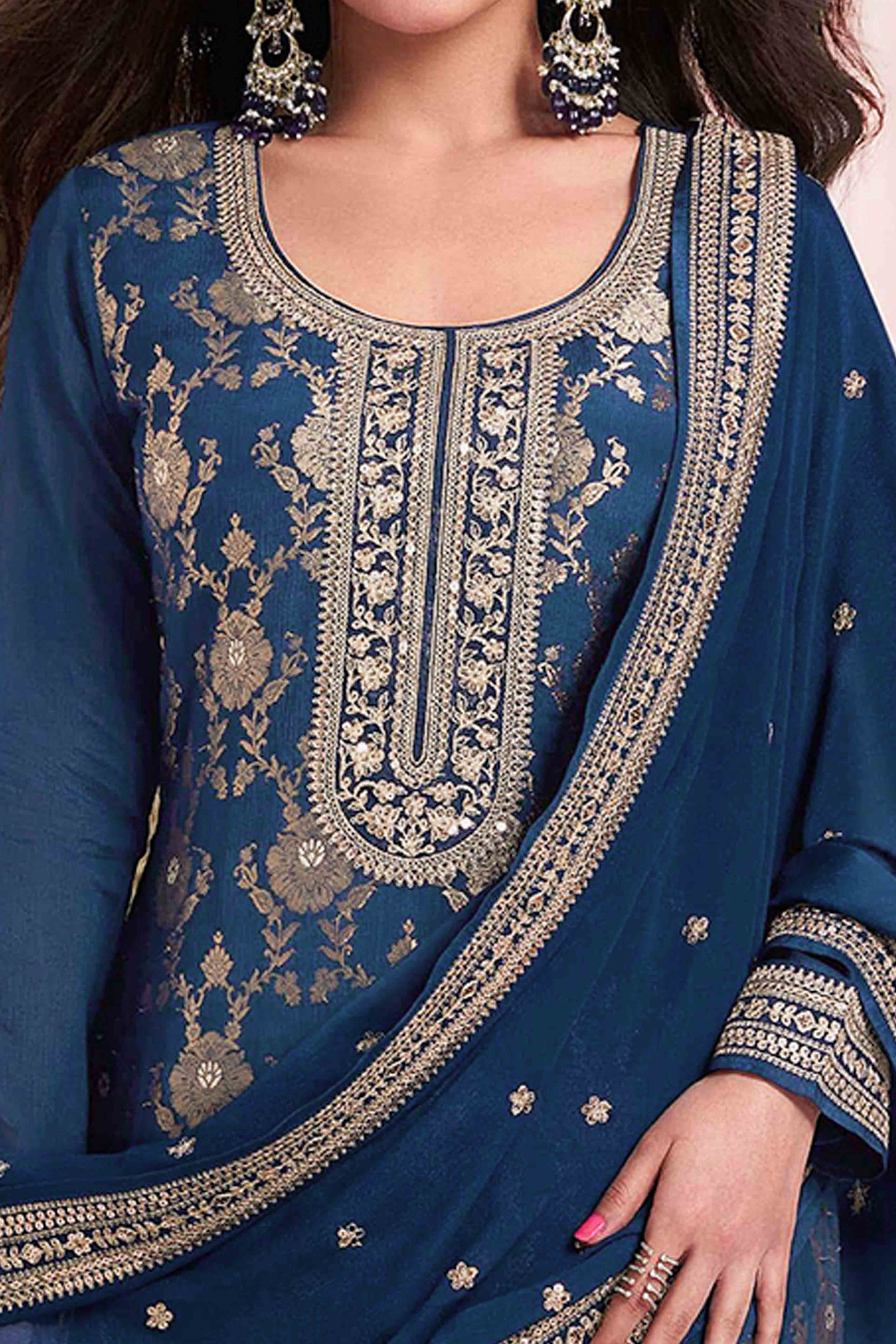 Navy Blue Weaving With Sequins Work Dola Silk Dress Material