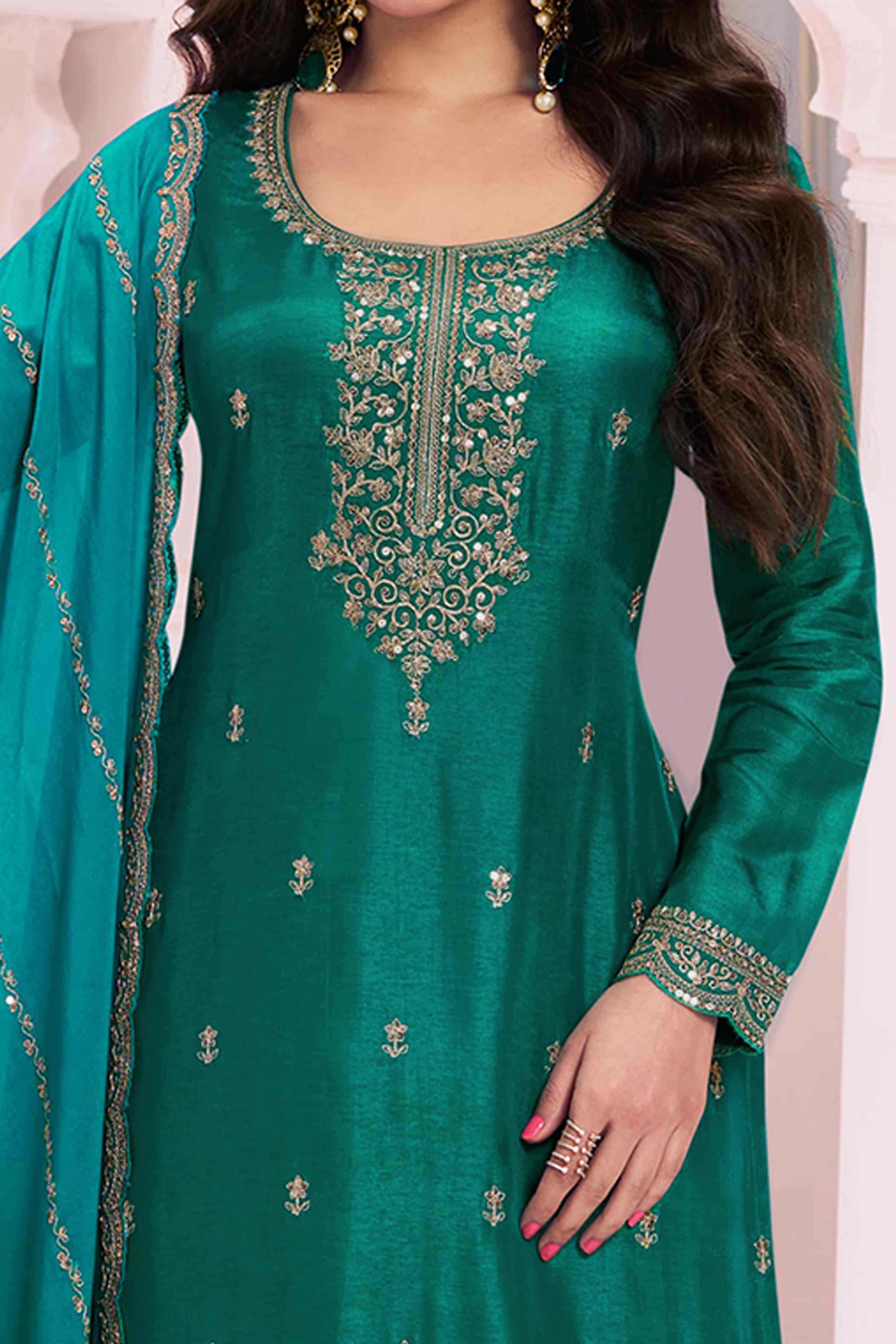 Green Floral Embroidered Vichitra Silk Dress Material