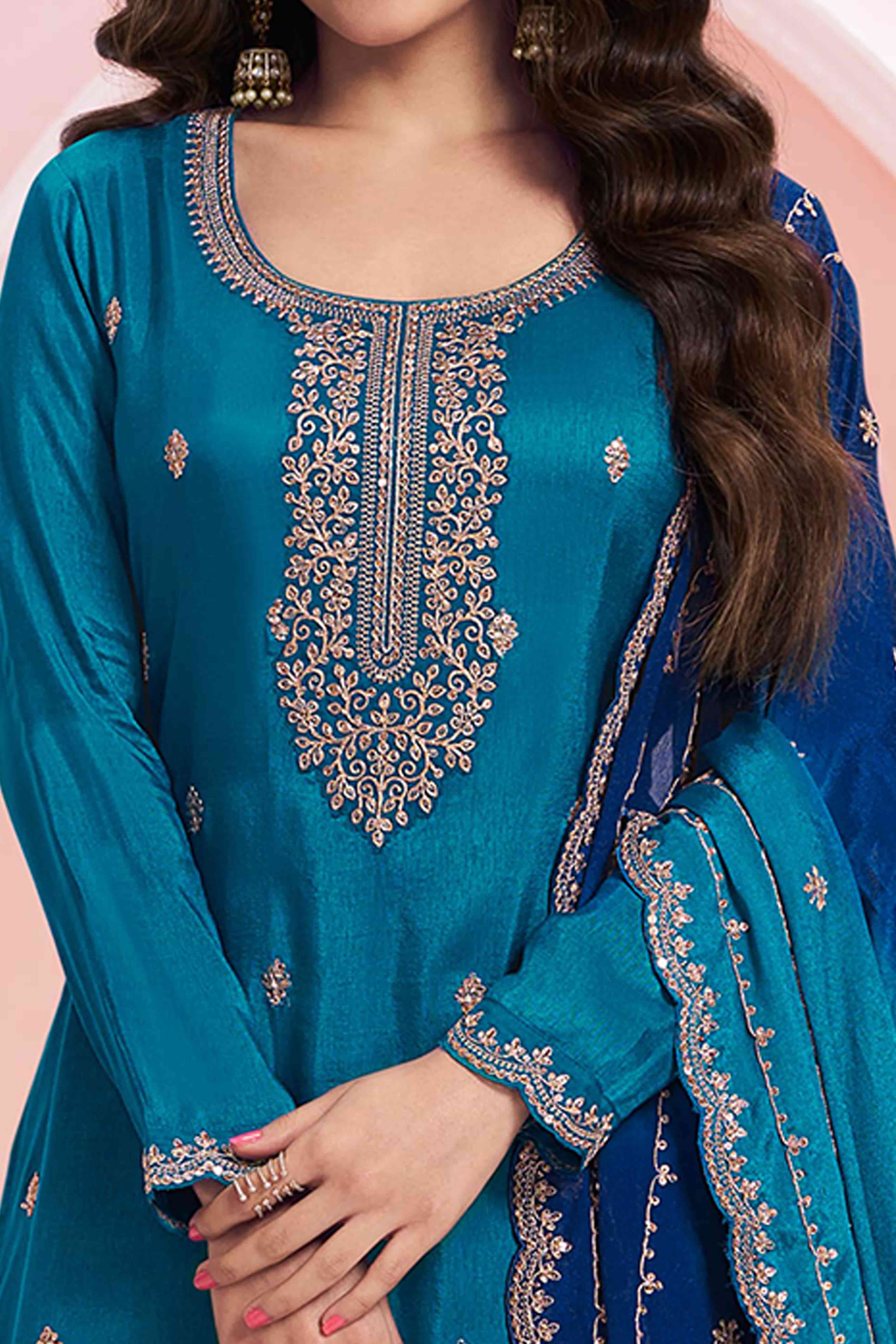 Blue Floral Embroidered Vichitra Silk Dress Material