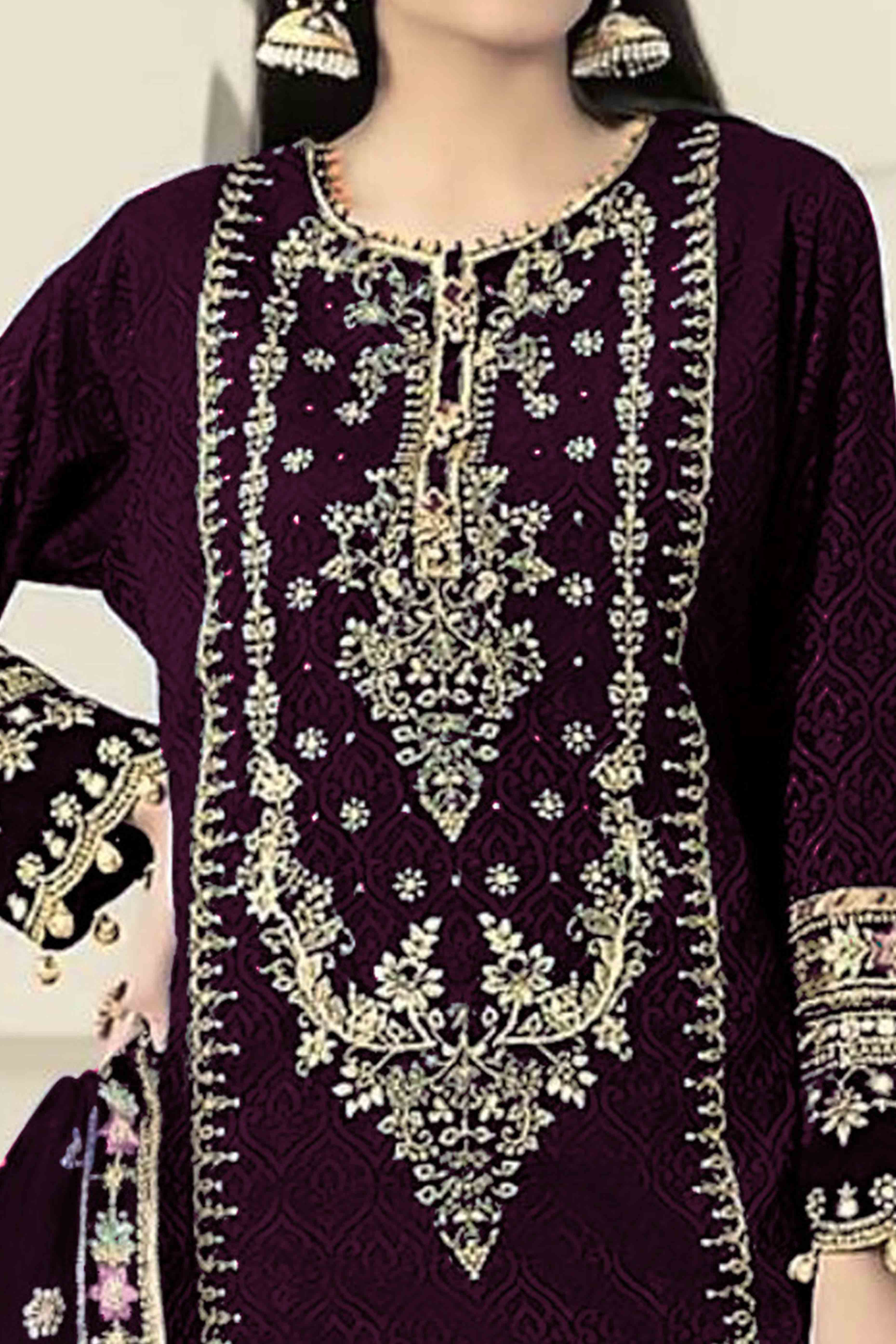 Wine Velvet Dress Material Adorned with Sequins & Thread Embroidery