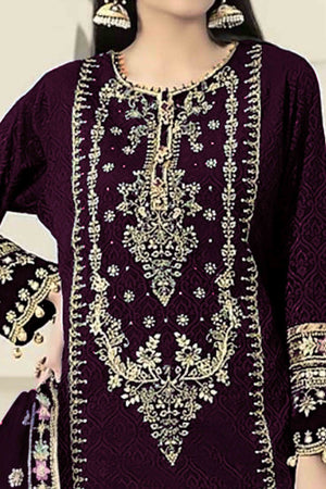 Wine Velvet Dress Material Adorned with Sequins & Thread Embroidery