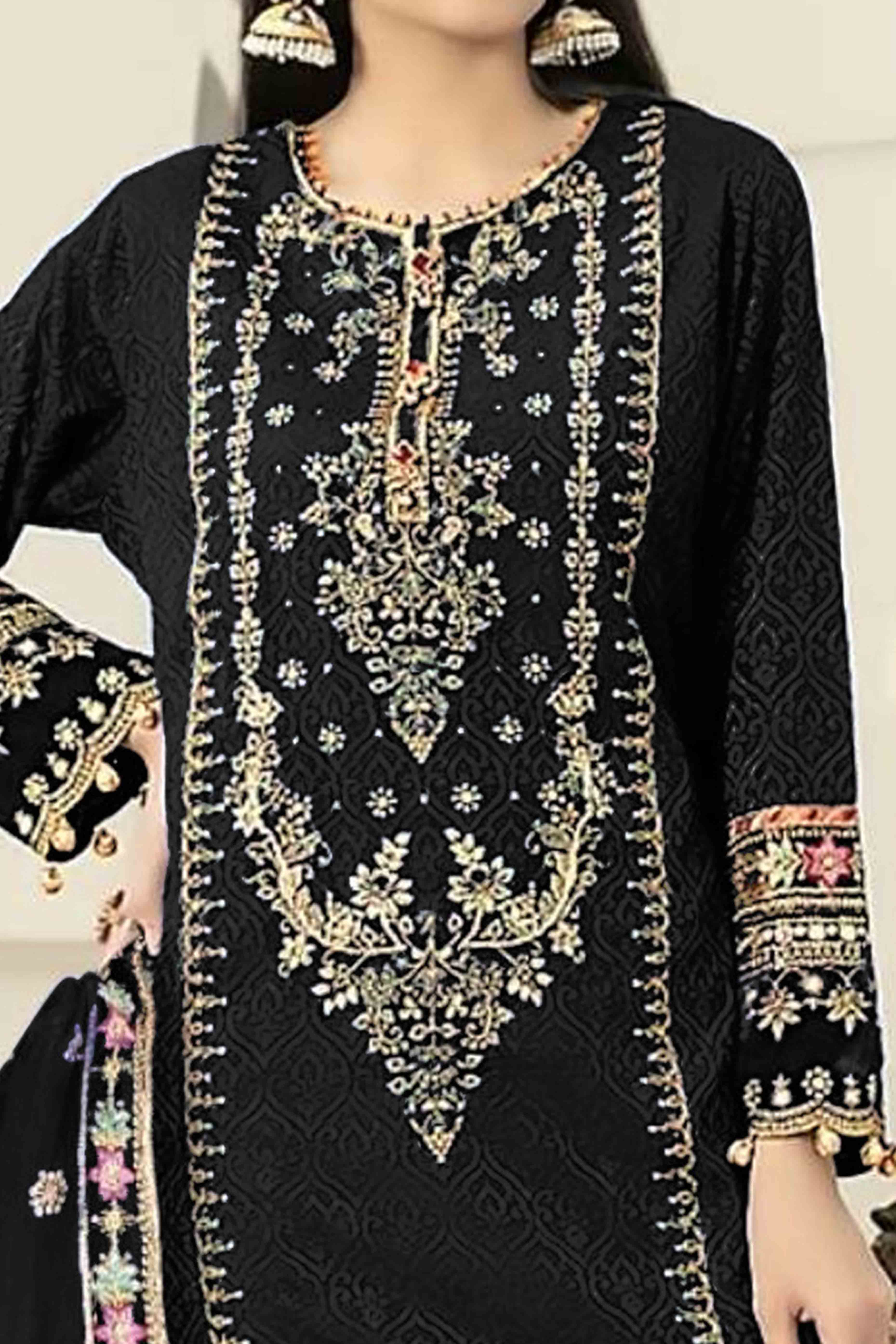 Black Velvet Dress Material Adorned with Sequins & Thread Embroidery