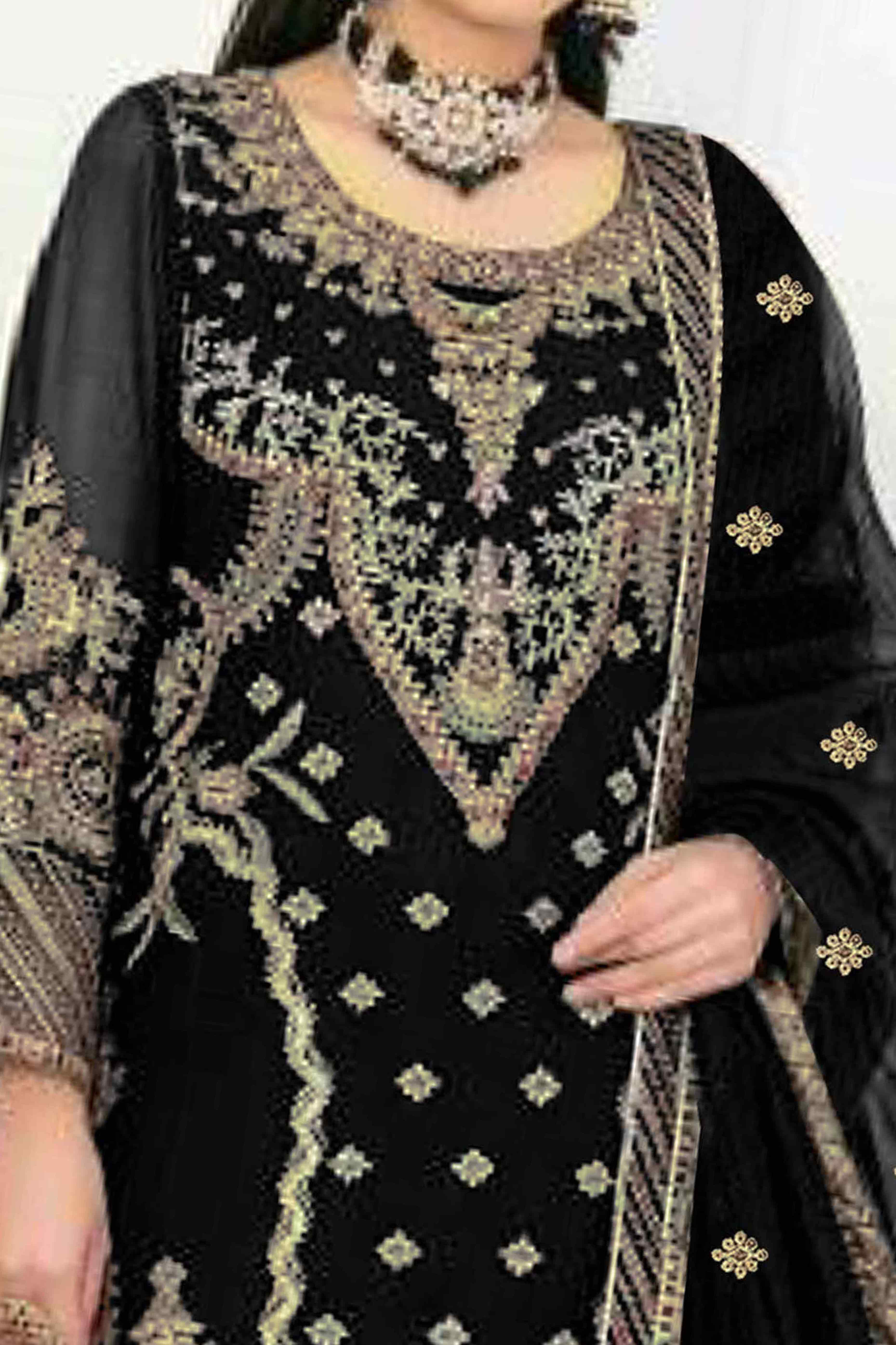 Black Velvet Dress Material Adorned with Sequins & Thread Embroidery
