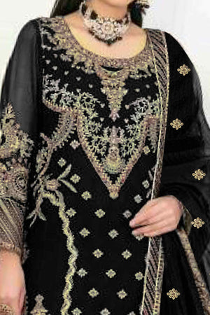 Black Velvet Dress Material Adorned with Sequins & Thread Embroidery