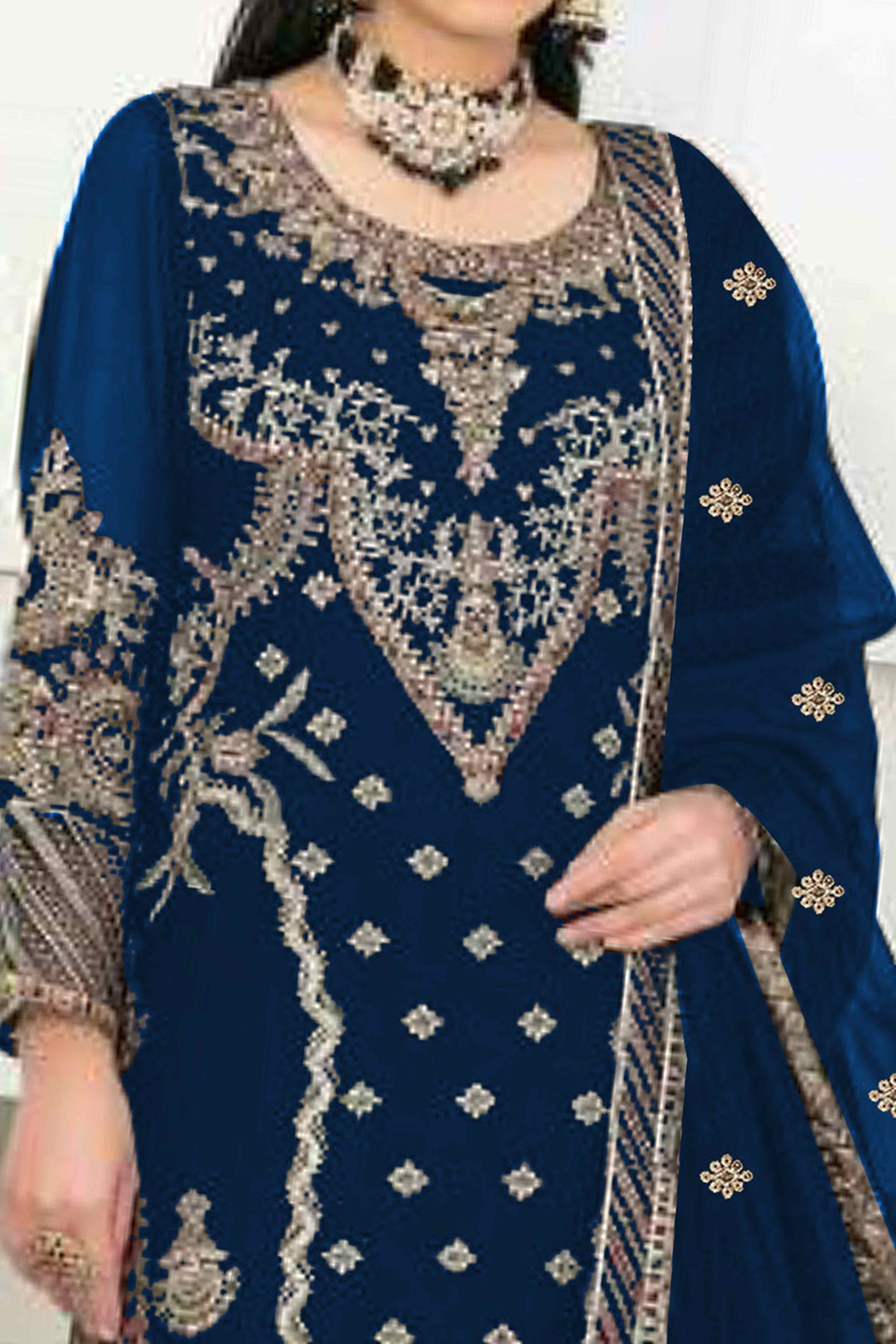 Royal Blue Velvet Dress Material Adorned with Sequins & Thread Embroidery