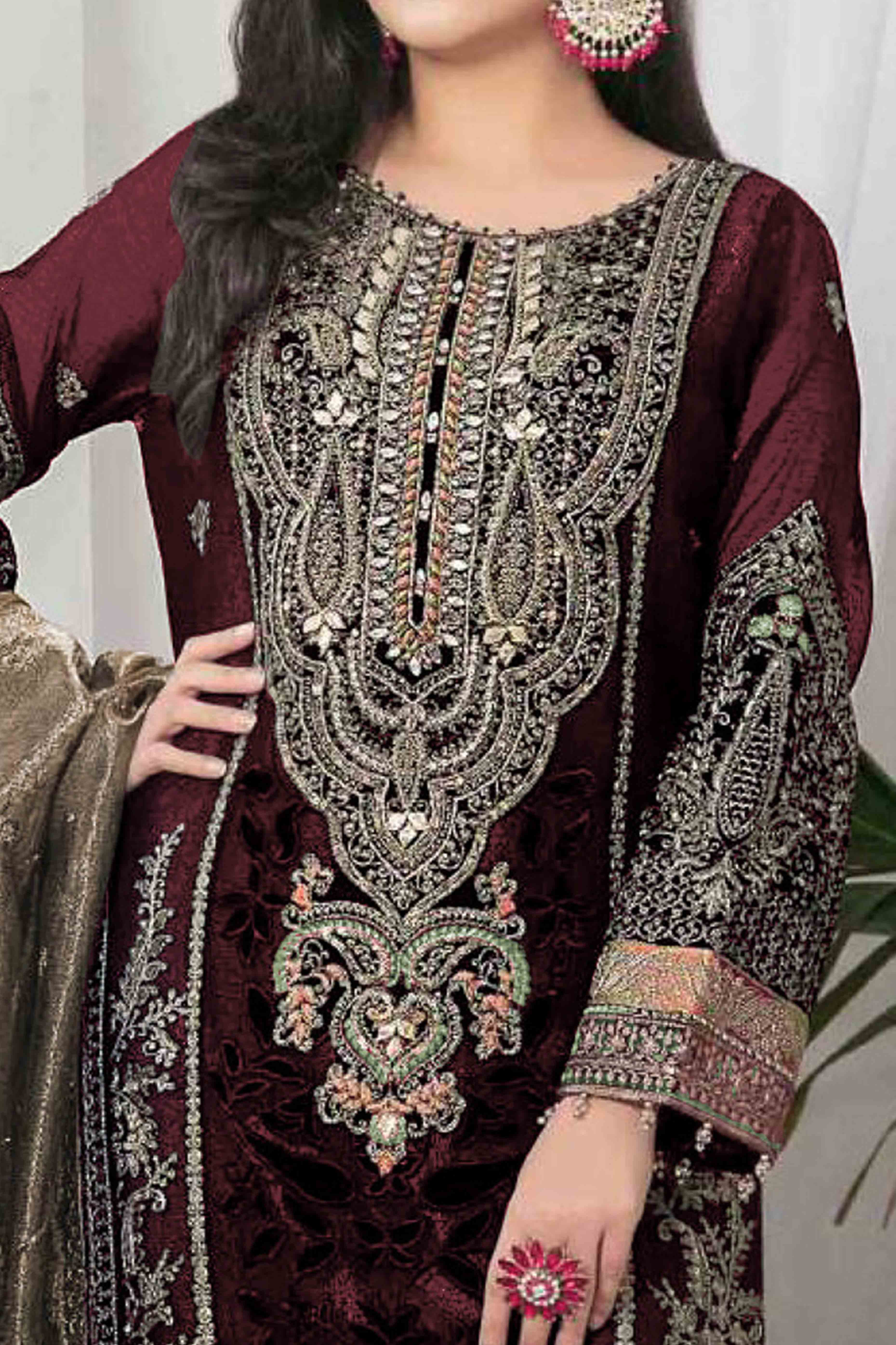 Dark Maroon Velvet Dress Material Adorned with Sequins & Thread Embroidery
