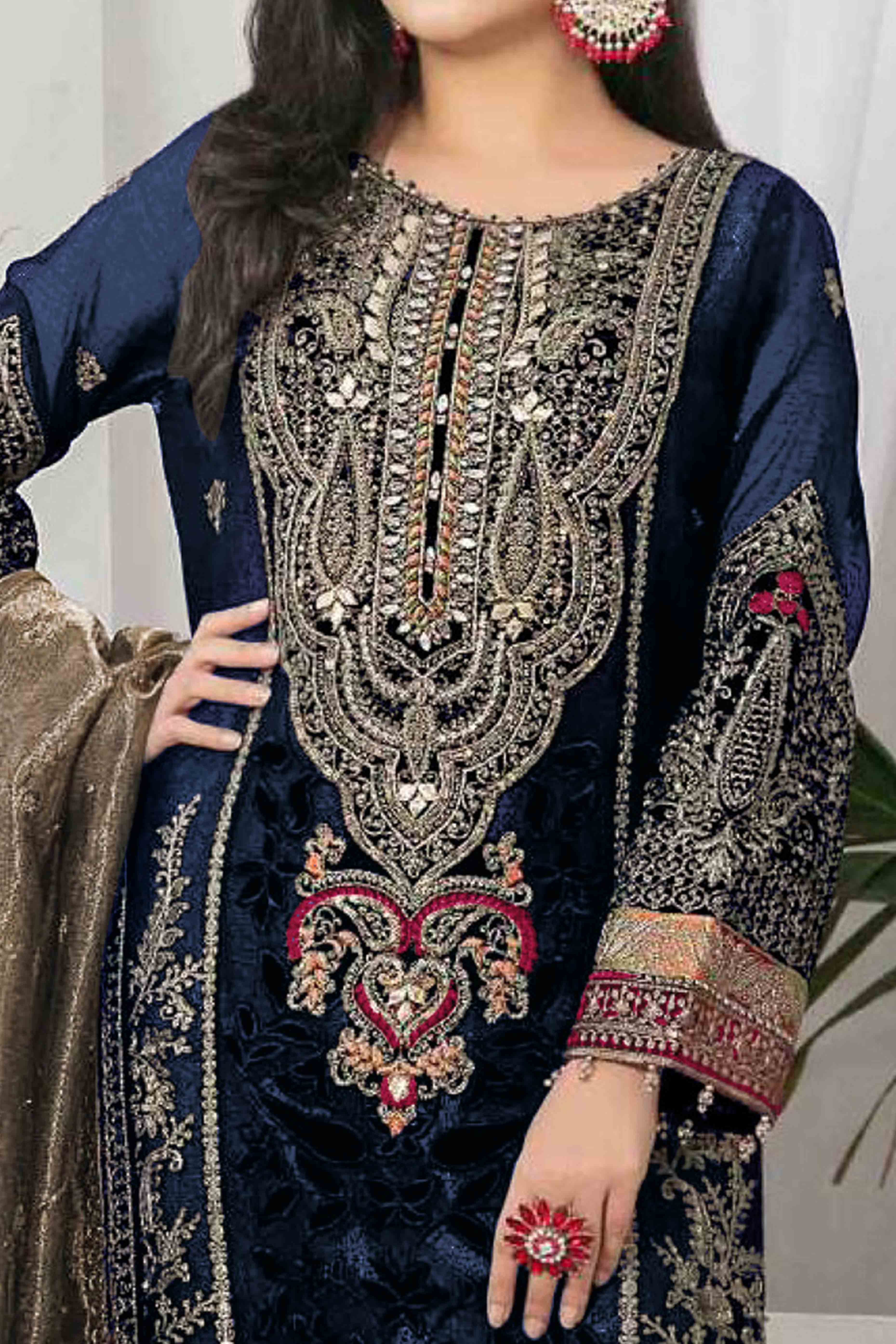 Blue Velvet Dress Material Adorned with Sequins & Thread Embroidery