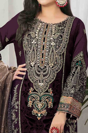 Purple Velvet Dress Material Adorned with Sequins & Thread Embroidery