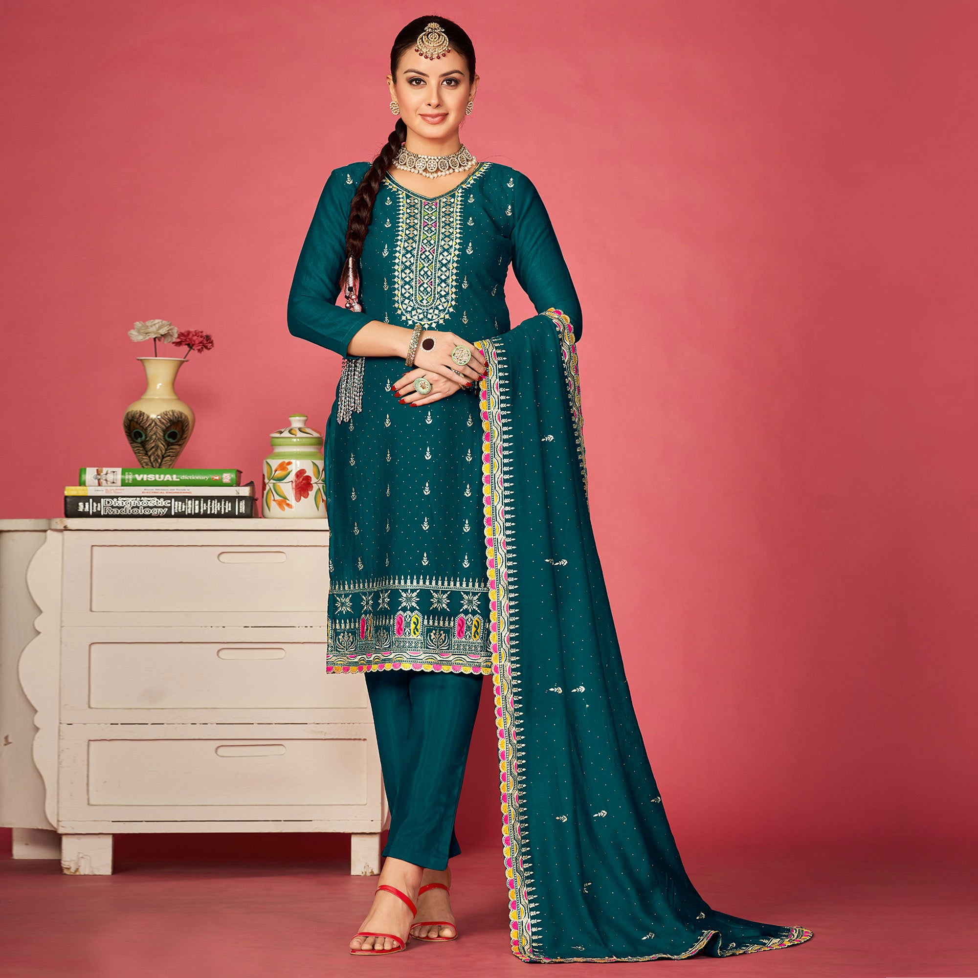 Teal Floral Embroidered Vichitra Silk Dress Material
