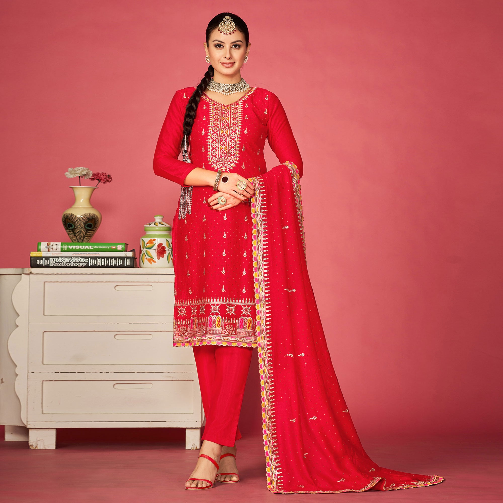 Red Floral Embroidered Vichitra Silk Dress Material