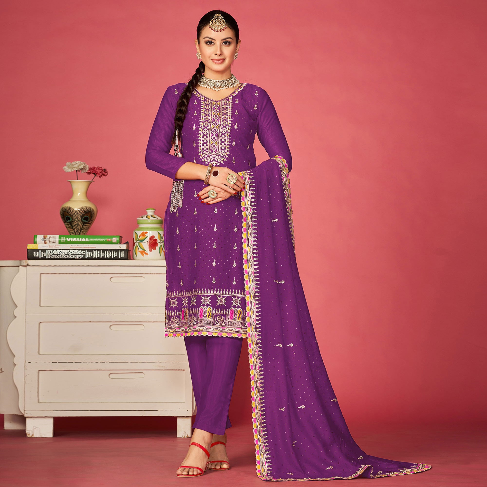 Purple Floral Embroidered Vichitra Silk Dress Material