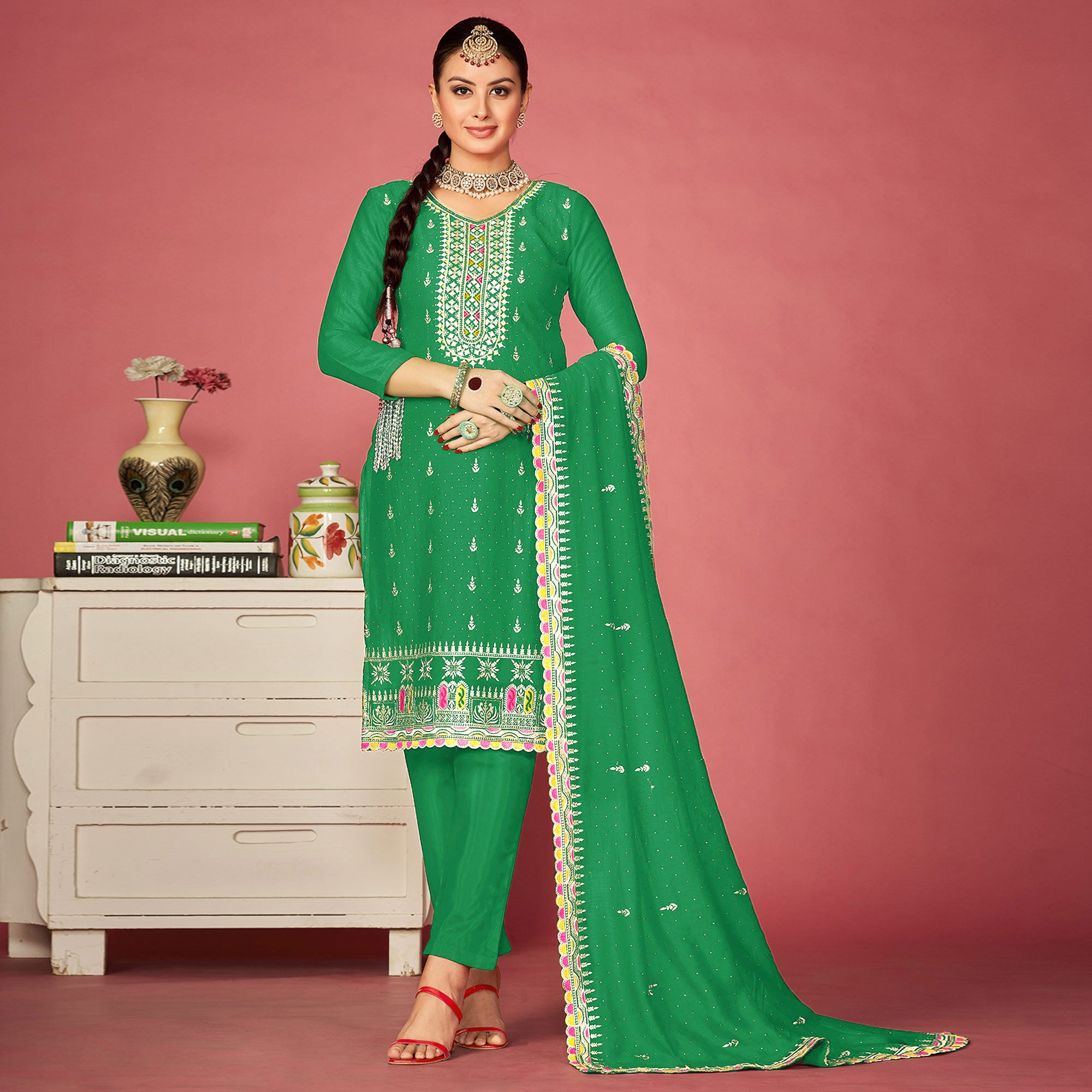 Green Floral Embroidered Vichitra Silk Dress Material