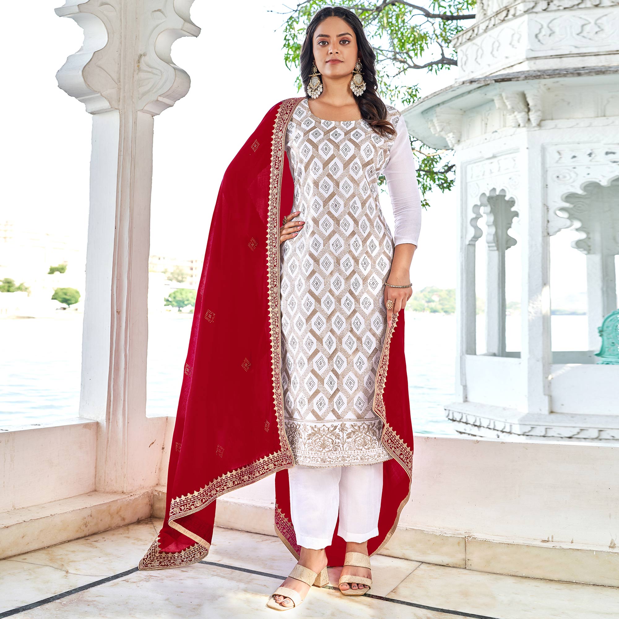 White & Red Embroidered With Swarovski Vichitra Silk Dress Material