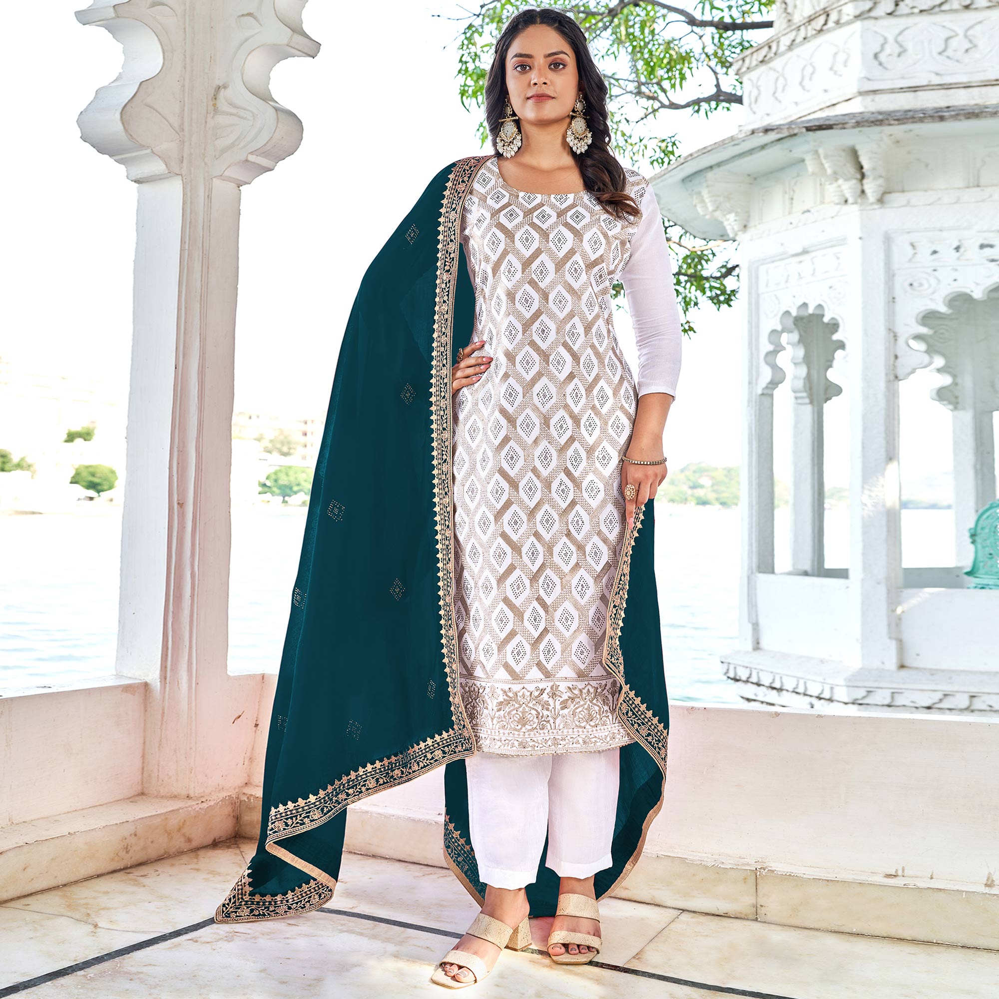 White & Morpich Embroidered With Swarovski Vichitra Silk Dress Material