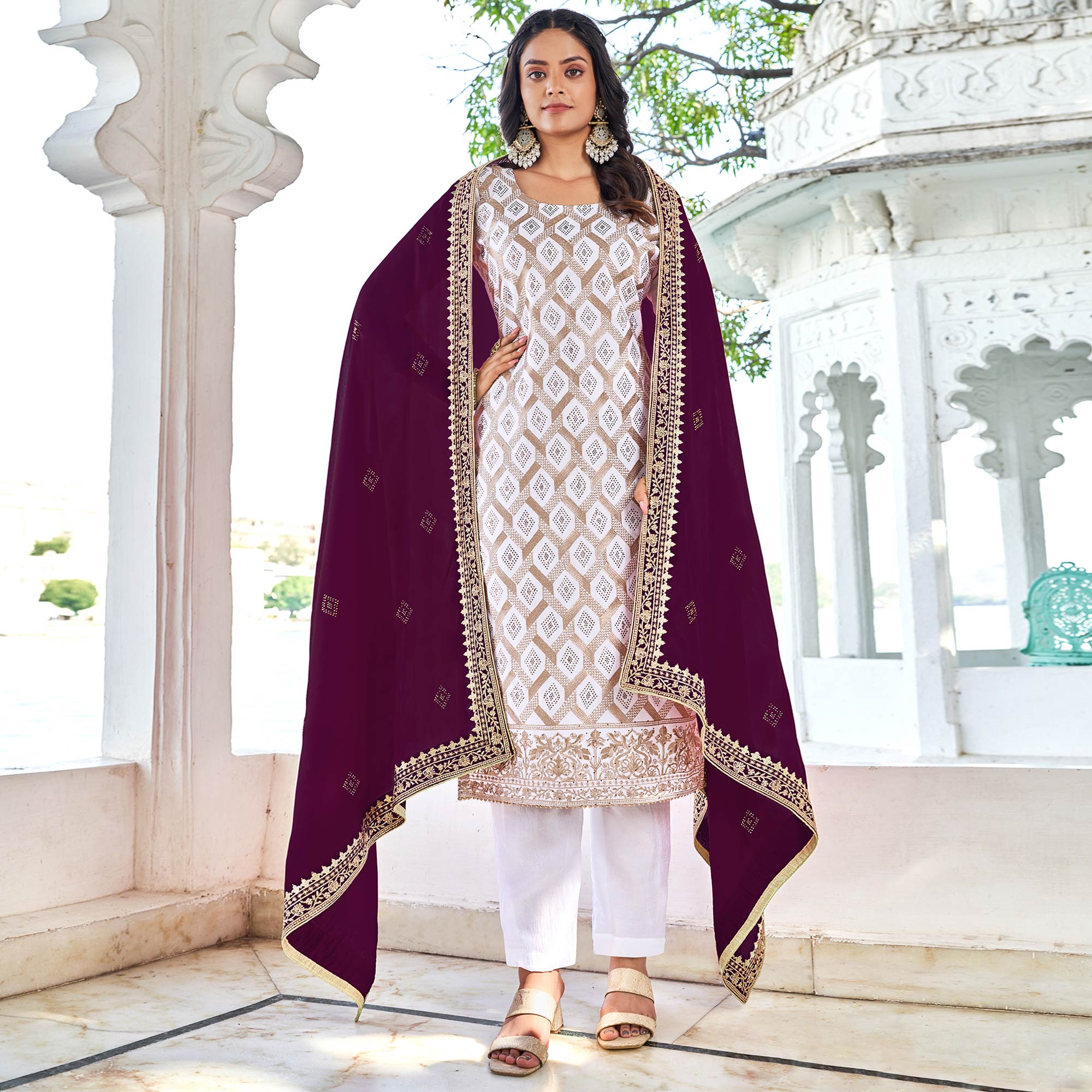 White & Purple Embroidered With Swarovski Vichitra Silk Dress Material