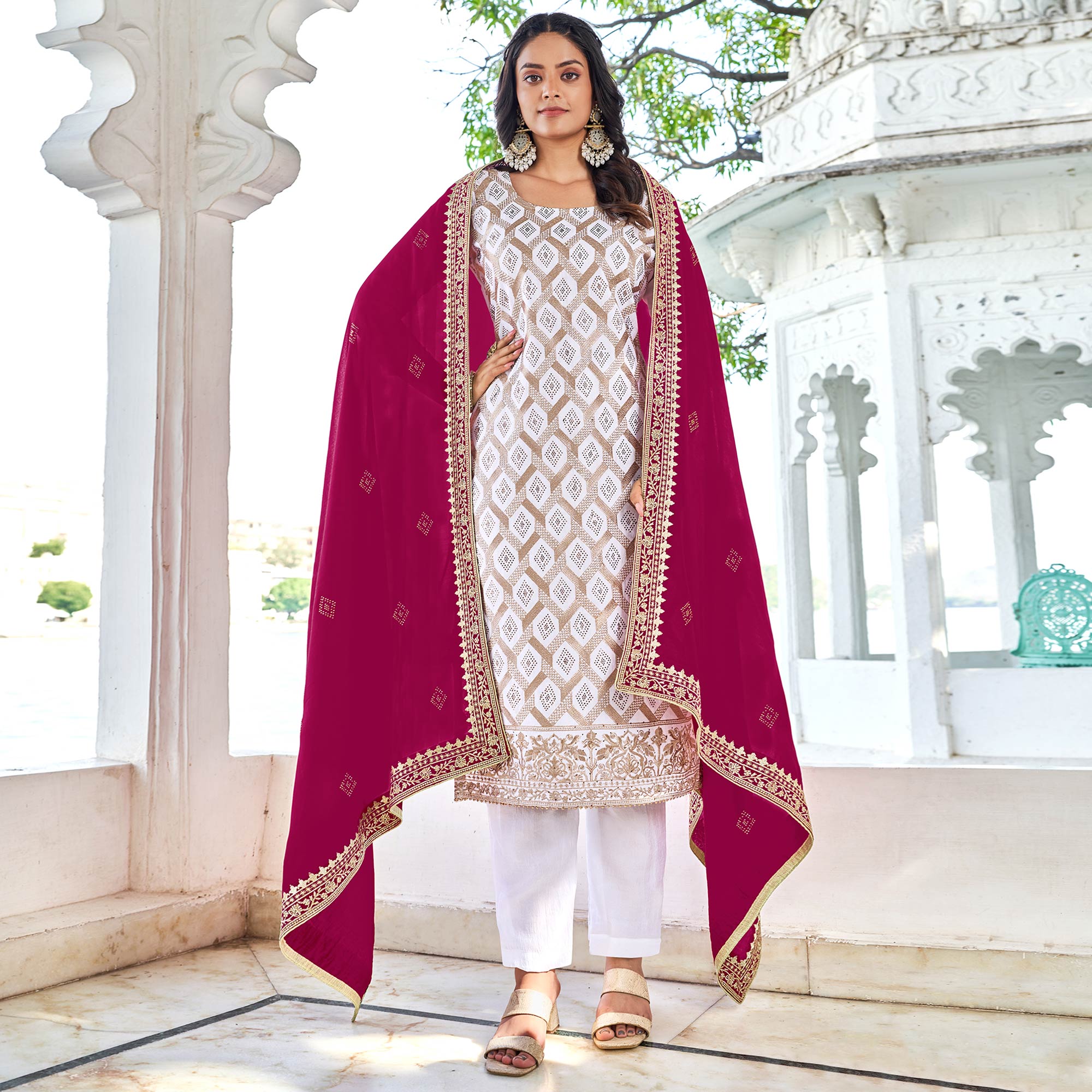 White & Rani Pink Embroidered With Swarovski Vichitra Silk Dress Material