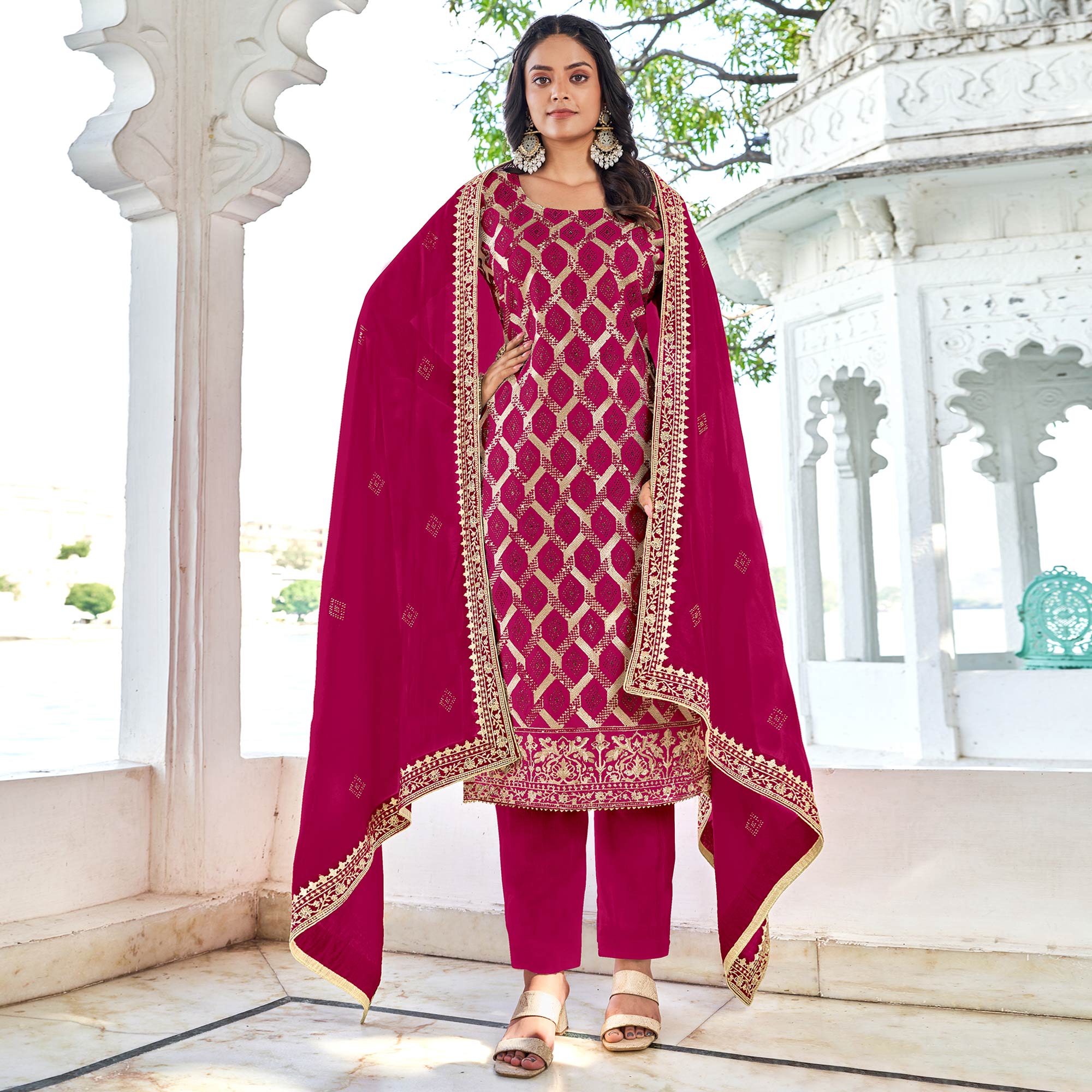 Rani Pink Embroidered With Swarovski Vichitra Silk Dress Material