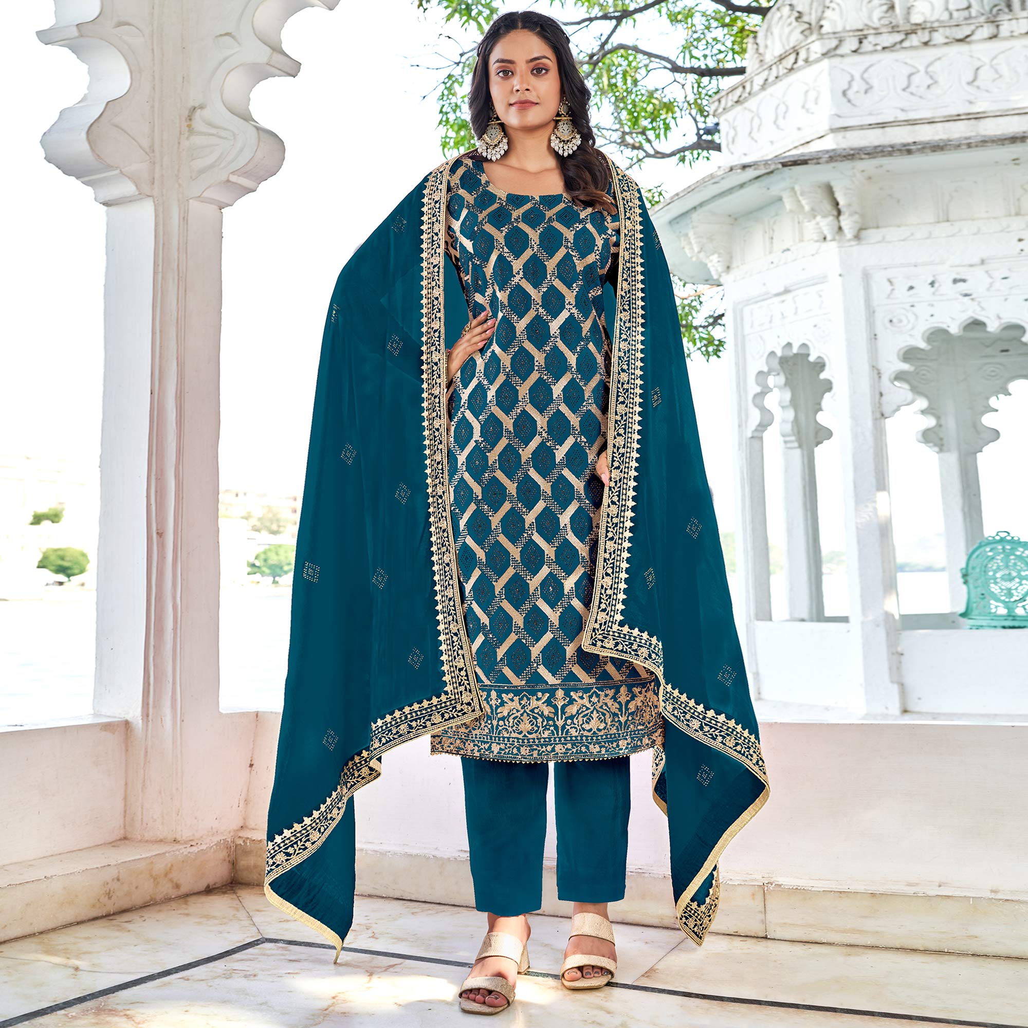 Morpich Embroidered With Swarovski Vichitra Silk Dress Material