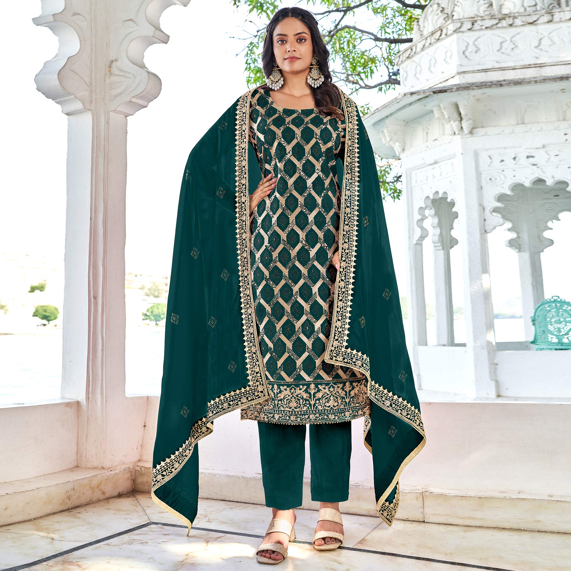 Green Embroidered With Swarovski Vichitra Silk Dress Material