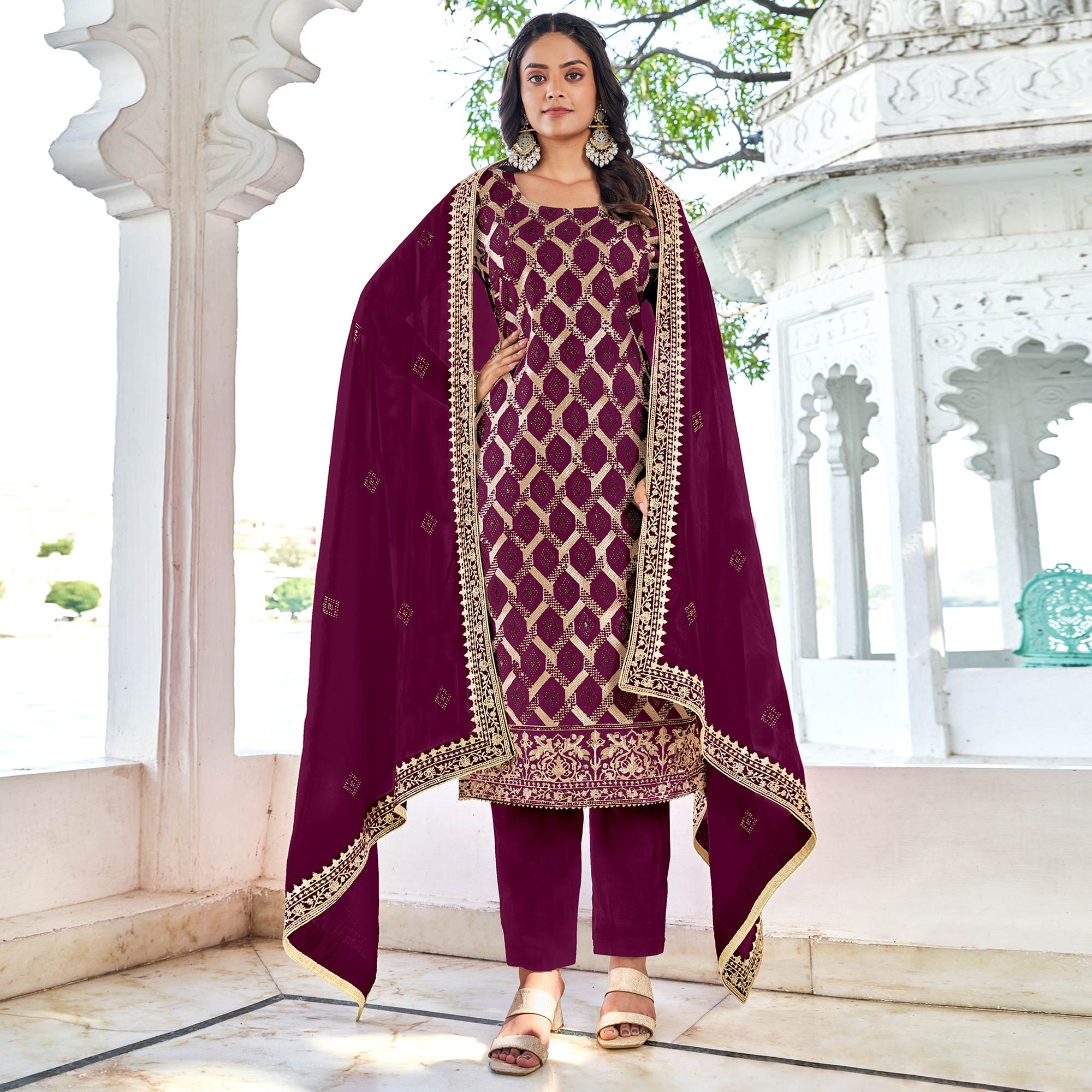 Purple Embroidered With Swarovski Vichitra Silk Dress Material