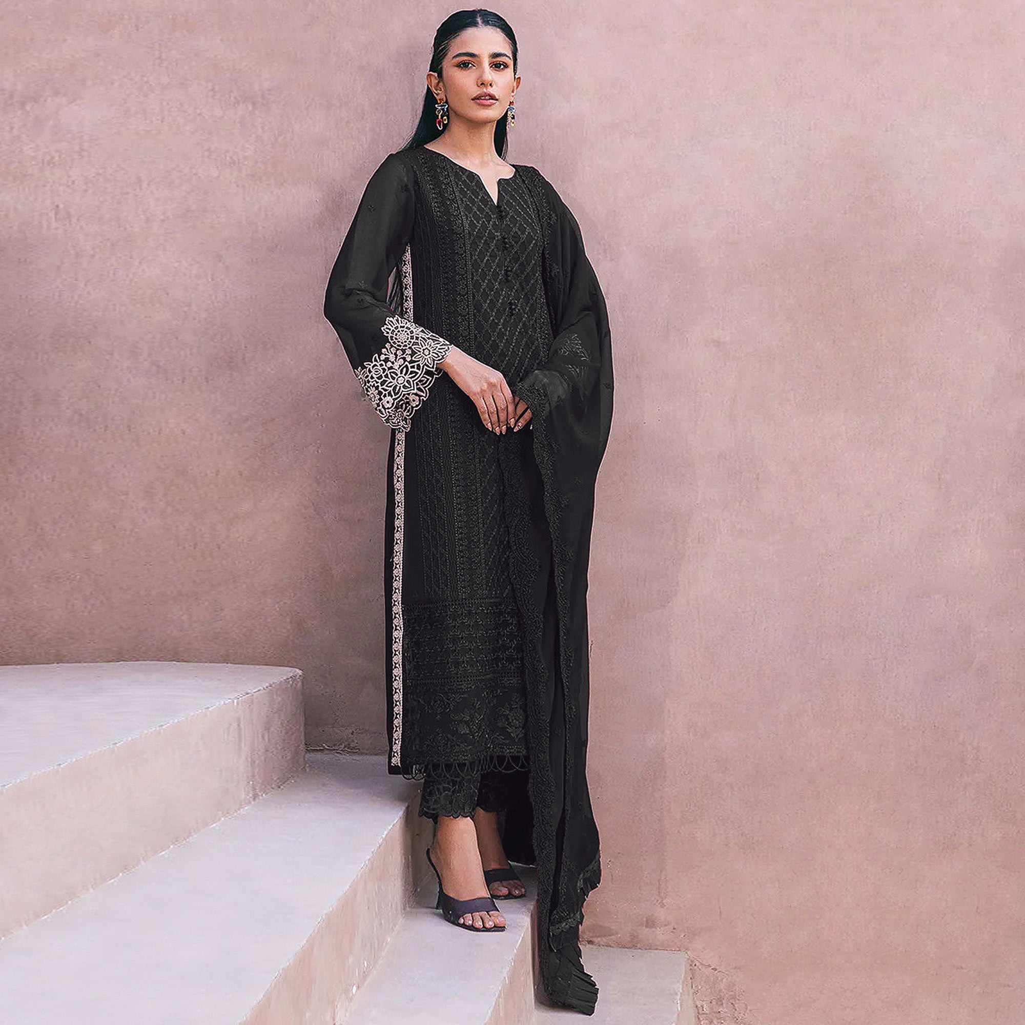 Black Sequins Embroidered Georgette Dress Material