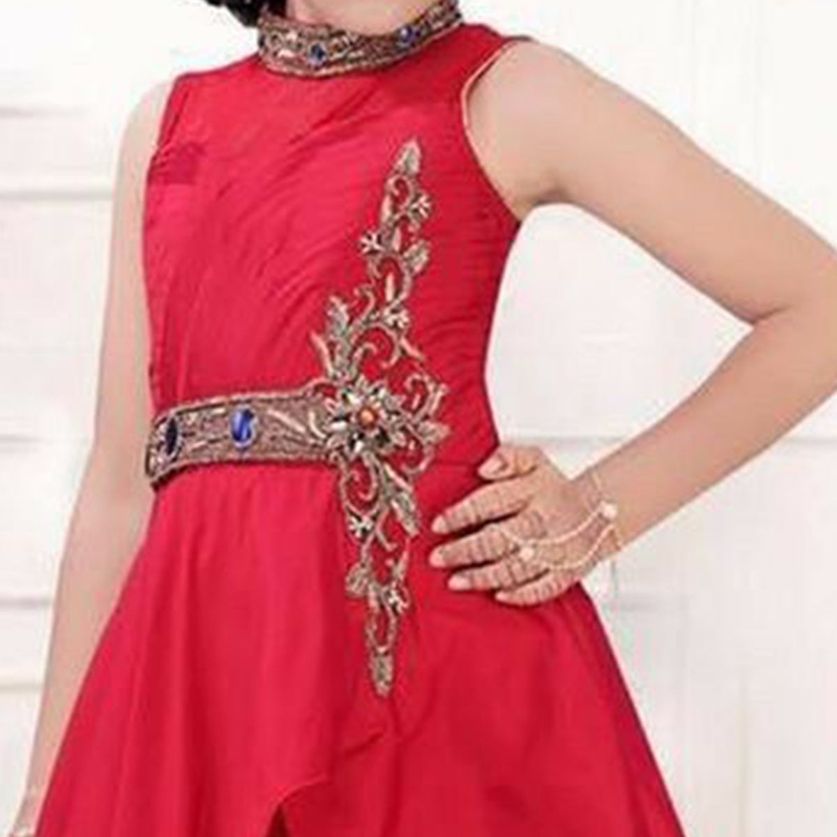 Rose Red Handwork Banarasi Silk Gown