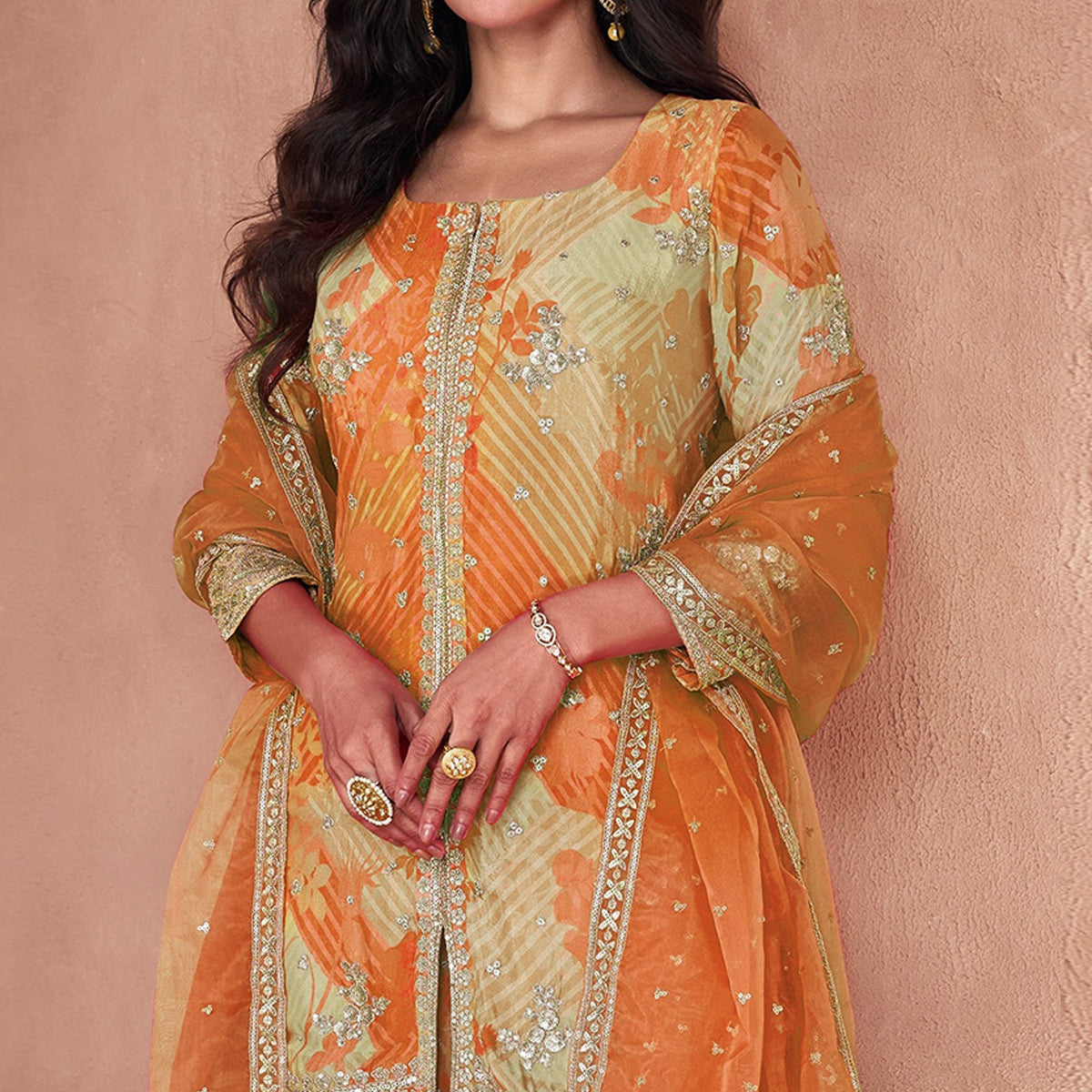 Orange Sequins Embroidered Georgette Sharara Suit