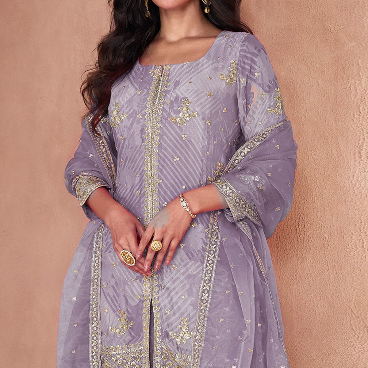 Mauve Sequins Embroidered Georgette Sharara Suit