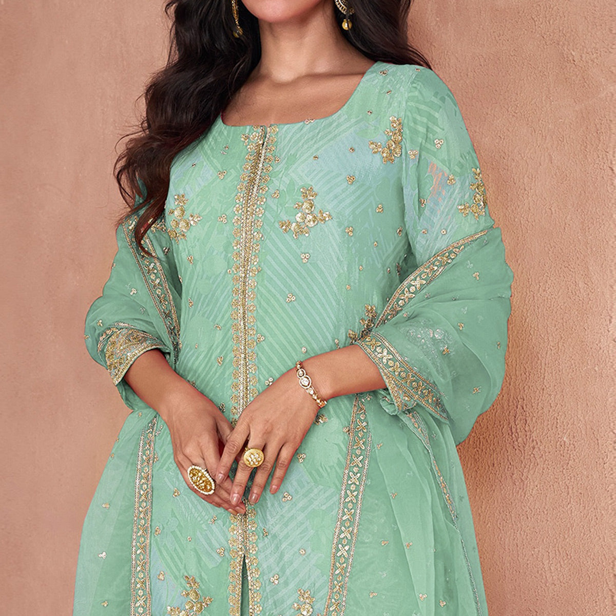 Pista Green Sequins Embroidered Georgette Sharara Suit