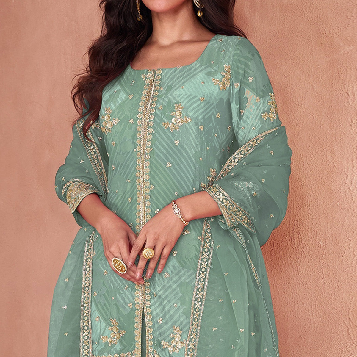 Dusty Green Sequins Embroidered Georgette Sharara Suit