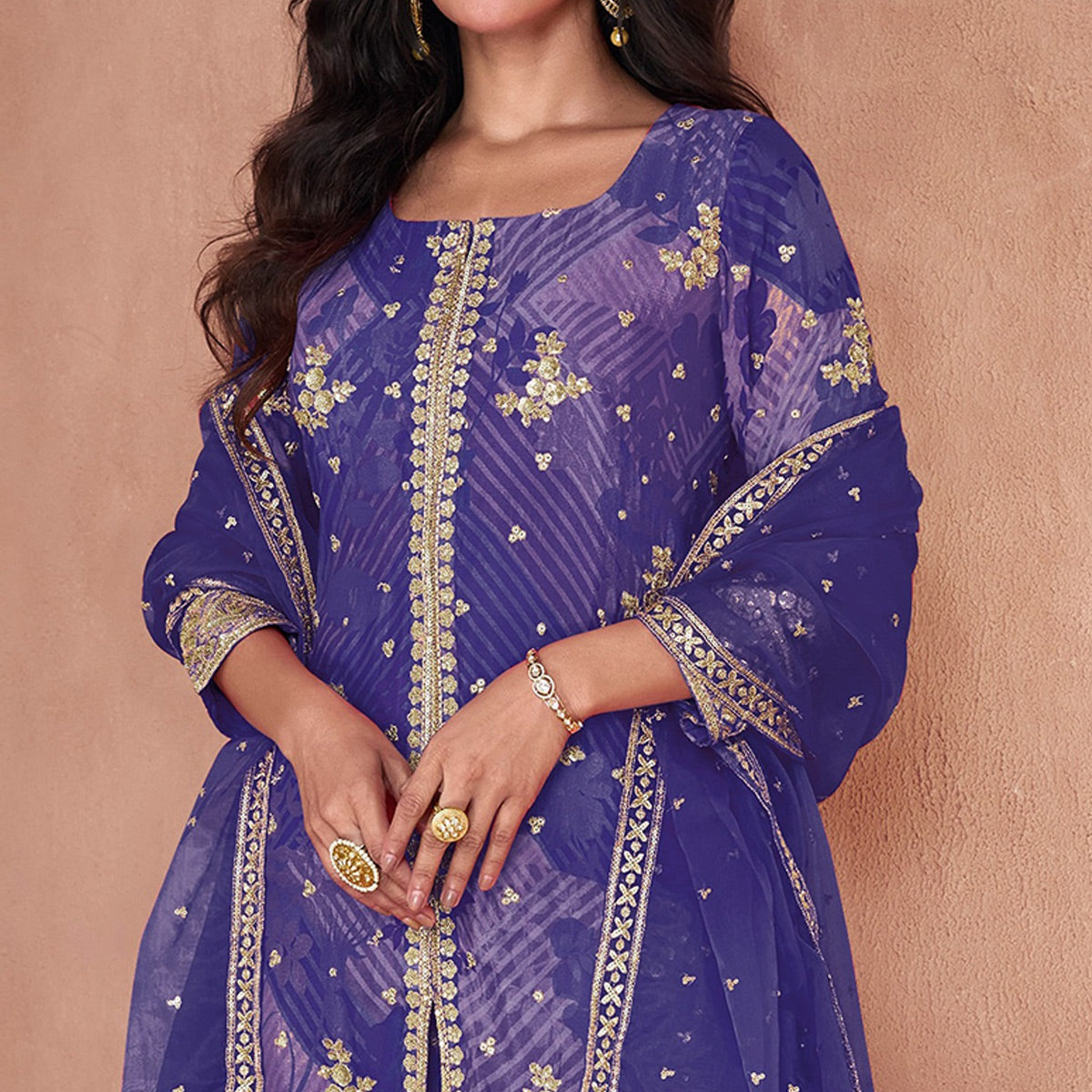 Violet Sequins Embroidered Georgette Sharara Suit