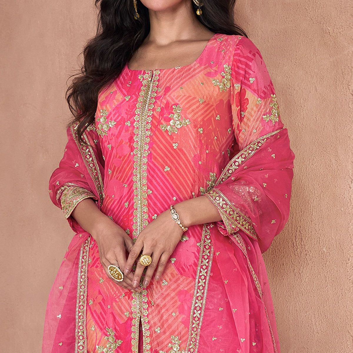 Pink Sequins Embroidered Georgette Sharara Suit