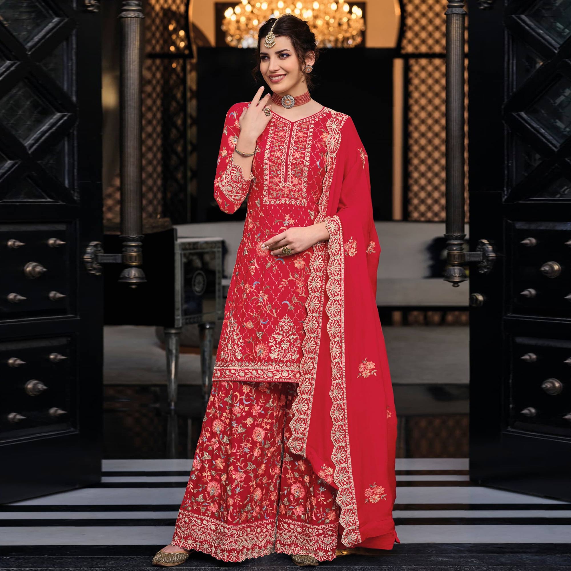 Red Floral Embroidered Pure Silk Unstitched Dress Material