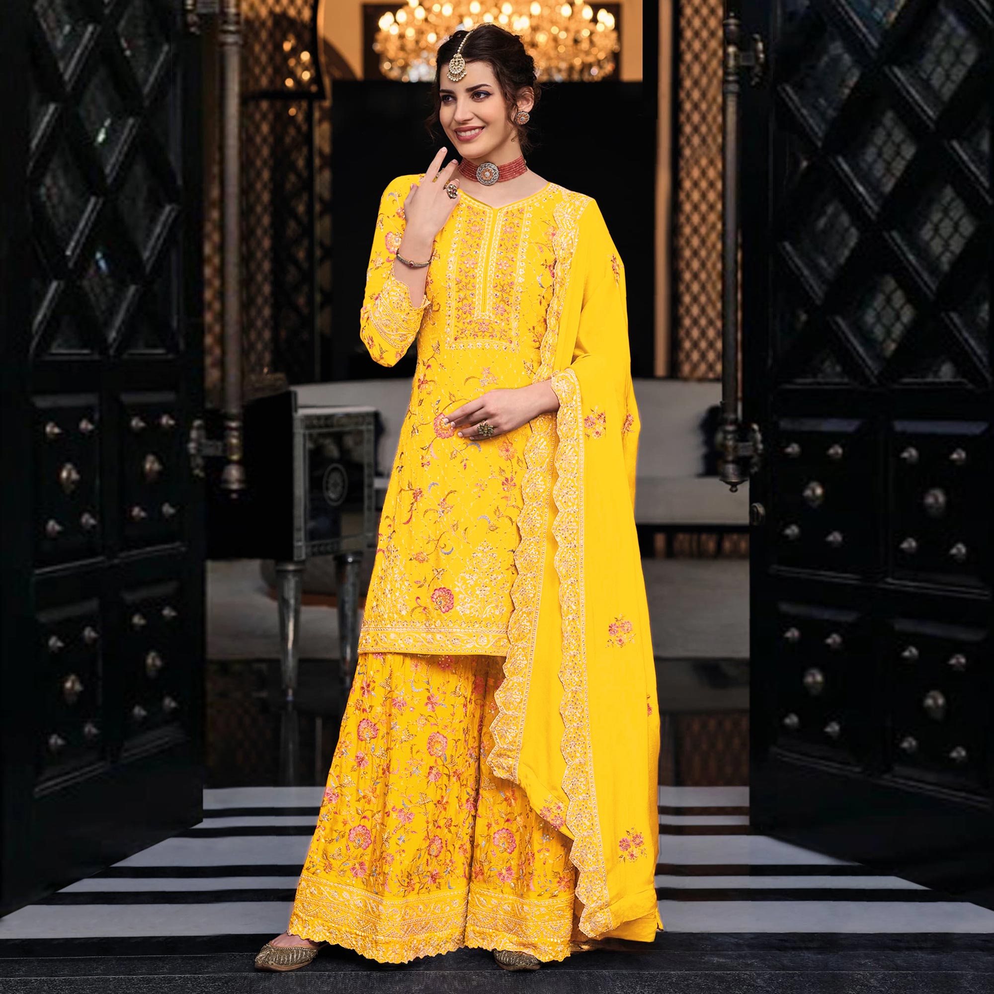 Yellow Floral Embroidered Pure Silk Unstitched Dress Material
