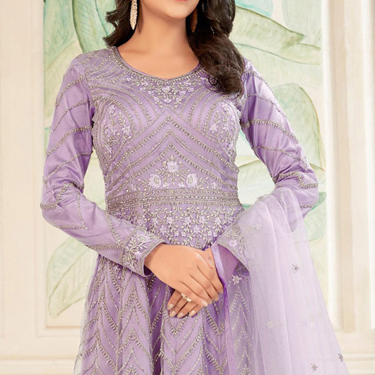 Thistle Purple Floral embroidetred Net Semi Stitched Anarkali Style Gown