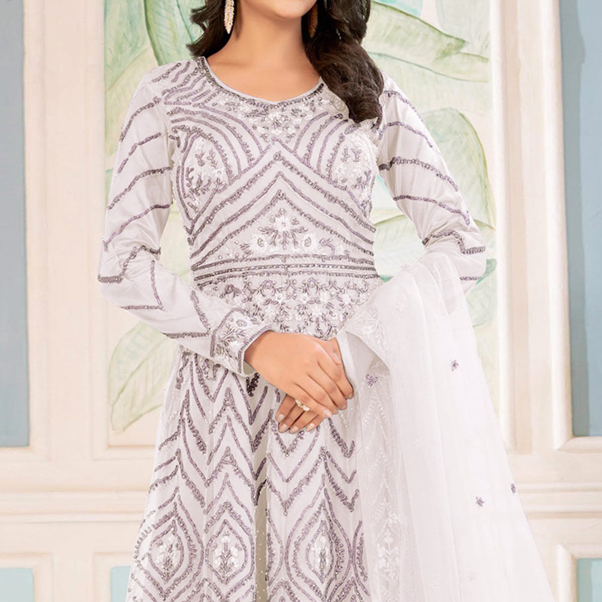 White Floral embroidered Net Semi Stitched Anarkali Style Gown