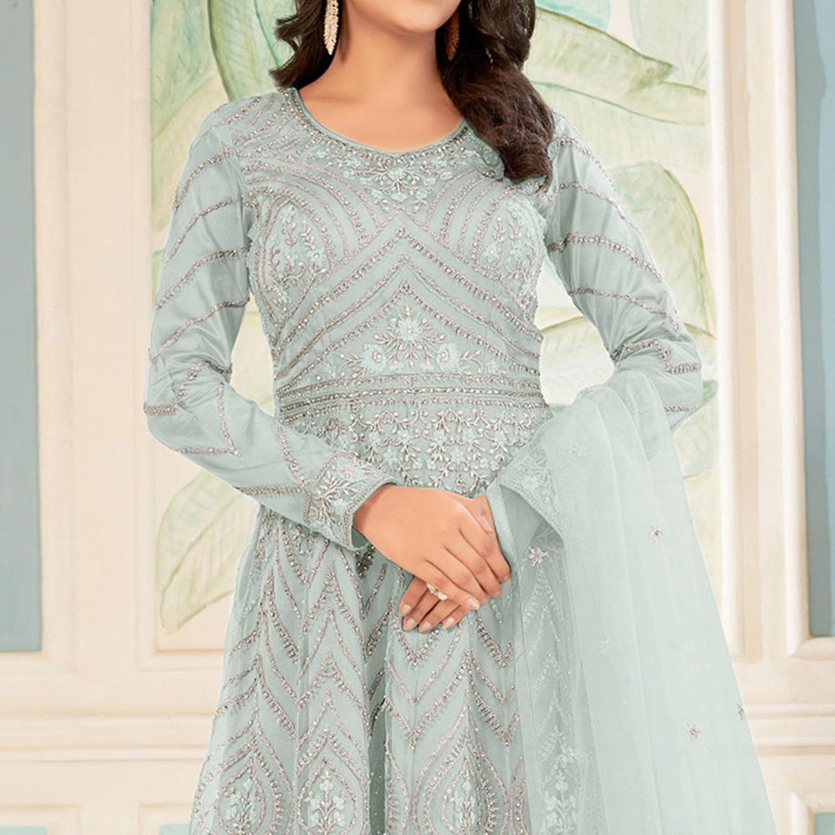 Turquoise Floral embroidered Net Semi Stitched Anarkali Style Gown