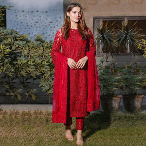 Maroon Embroidered Georgette Semi Stitched Pakistani Suit