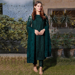 Dark Green Embroidered Georgette Semi Stitched Pakistani Dress Material