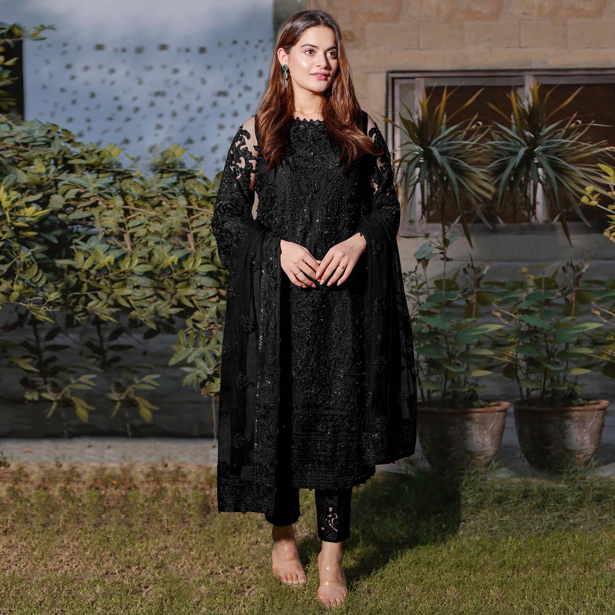 Black Embroidered Georgette Semi Stitched Pakistani Suit