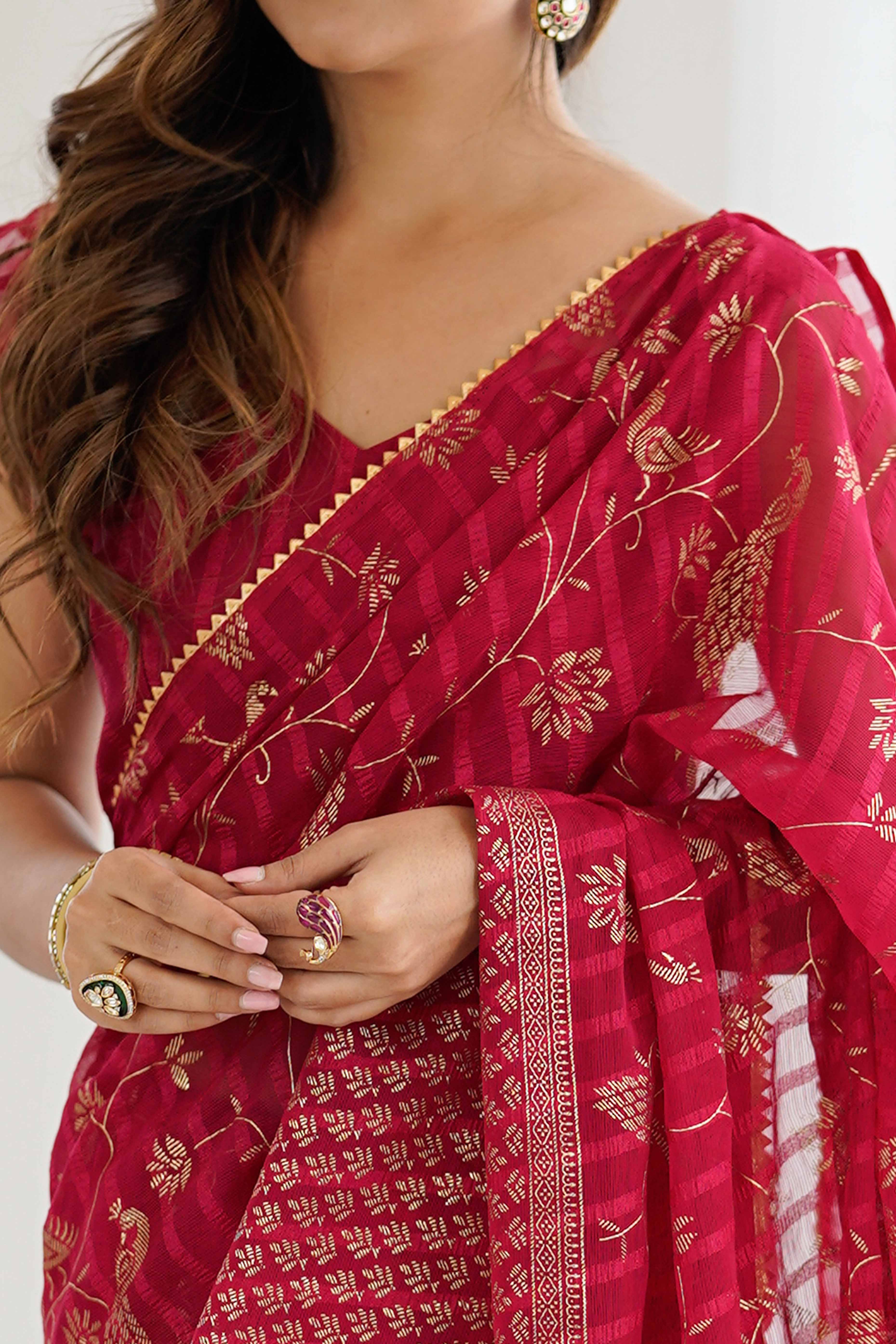 Pink Georgette Saree with Shimmering Foil Print & Gota Patti Border