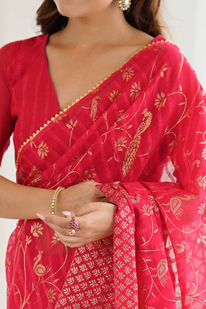 Red Georgette Saree with Shimmering Foil Print & Gota Patti Border