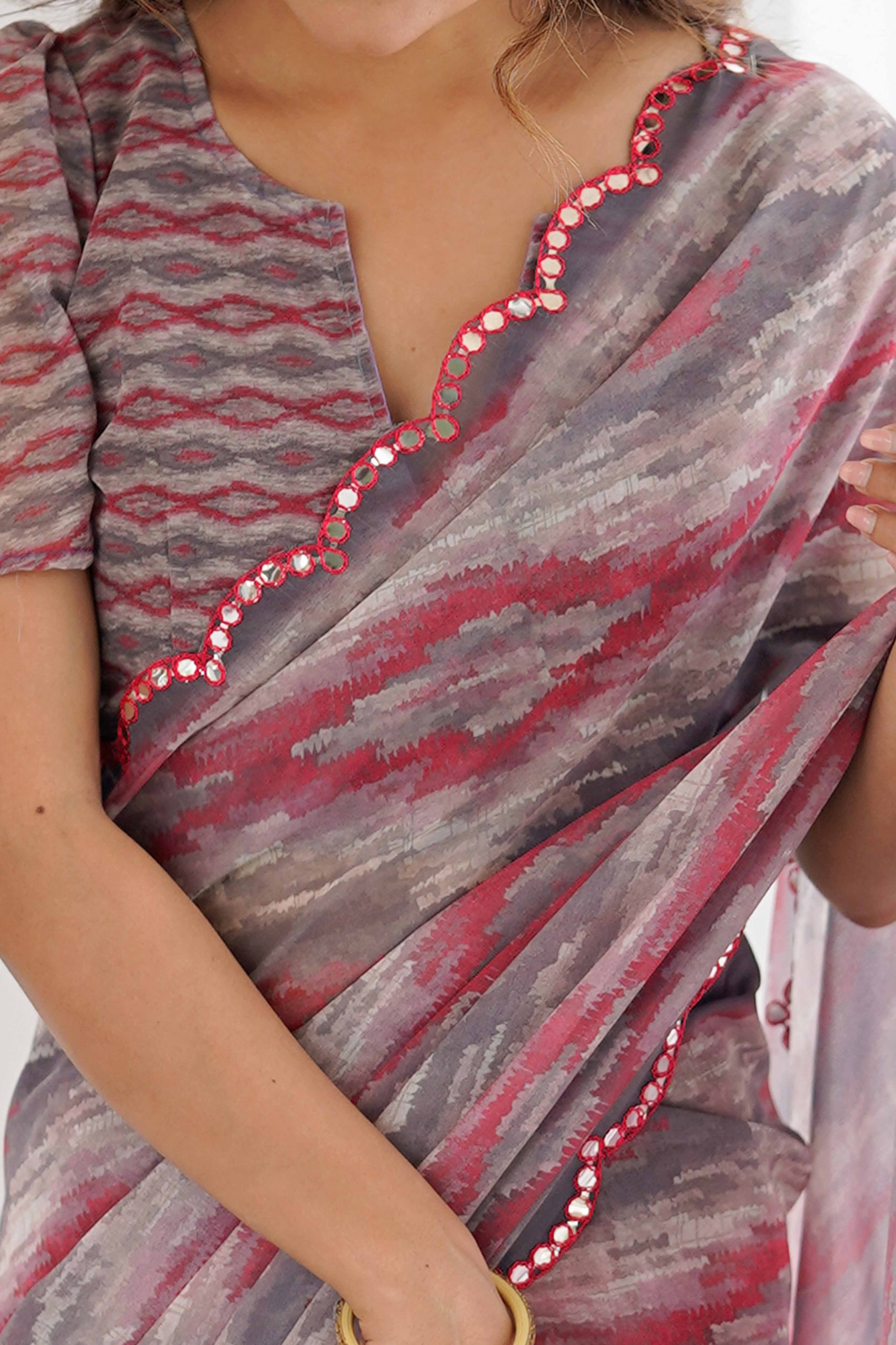 Grey Georgette Saree Featuring Digital Print & Mirror Embroidery Border