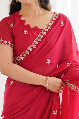 Pink Partywear Star Georgette Saree Adorned with Floral Embroidery and Beads Work