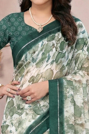 Timeless Green Leaf Printed Moss Saree With A Sophisticated Satin Patta Border
